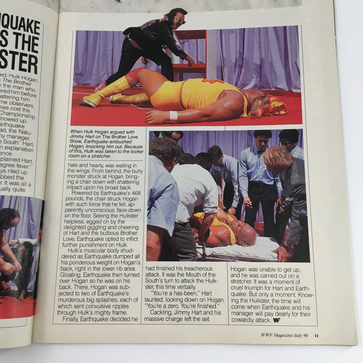 Page from WWF Magazine July 1990 detailing Earthquake's attack on Hulk Hogan with dramatic wrestling images.