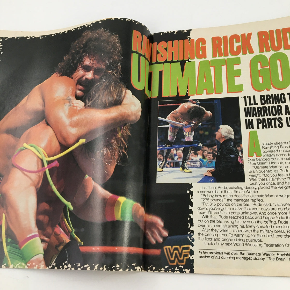 WWF Magazine July 1990 featuring Ravishing Rick Rude in a wrestling pose with Ultimate Warrior, showcasing highlights from the wrestling world.