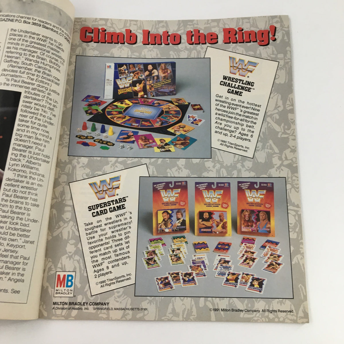 Advertisement for WWF-themed board games and card games featured in WWF Magazine October 1991, promoting wrestling fun for fans.