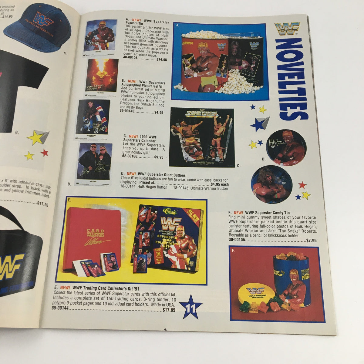 Novelty merchandise page from WWF Magazine October 1991 with promotional images of WWF-themed items including trading card kits and memorabilia.