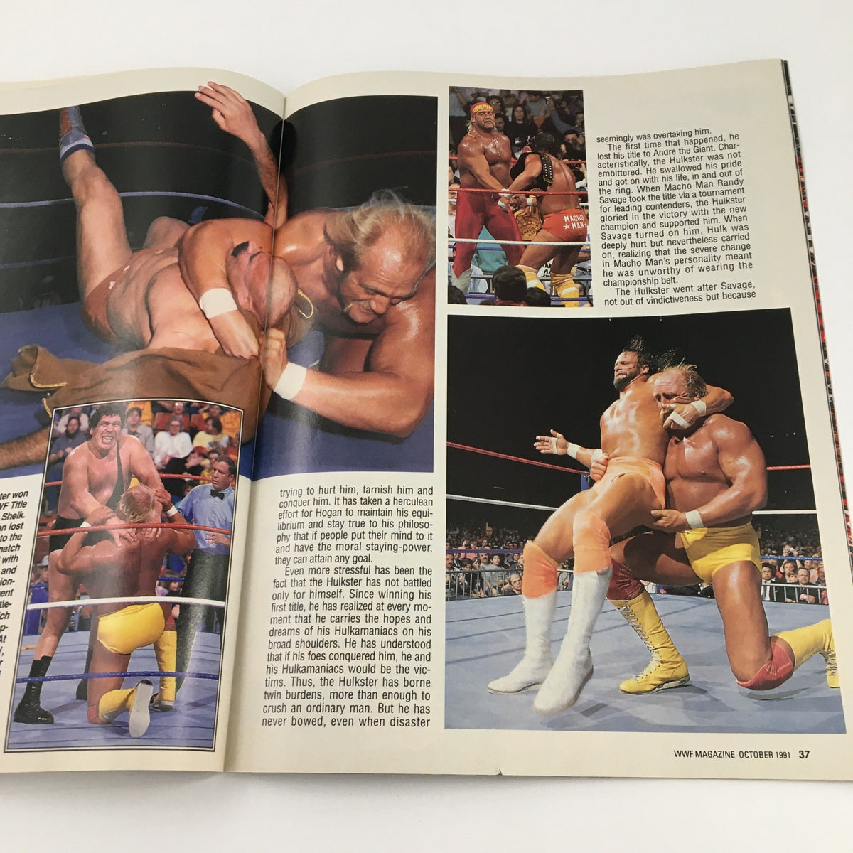 Wrestling action photos showcasing a match featured in WWF Magazine October 1991, illustrating the intense rivalry among iconic wrestlers.