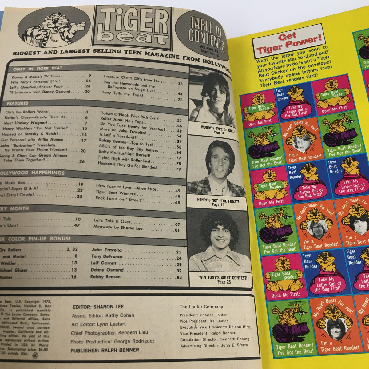 Table of contents from Tiger Beat Magazine May 1976 featuring articles on popular celebrities such as John Travolta and the Bay City Rollers, showcasing the vibrant teen culture of the 1970s.