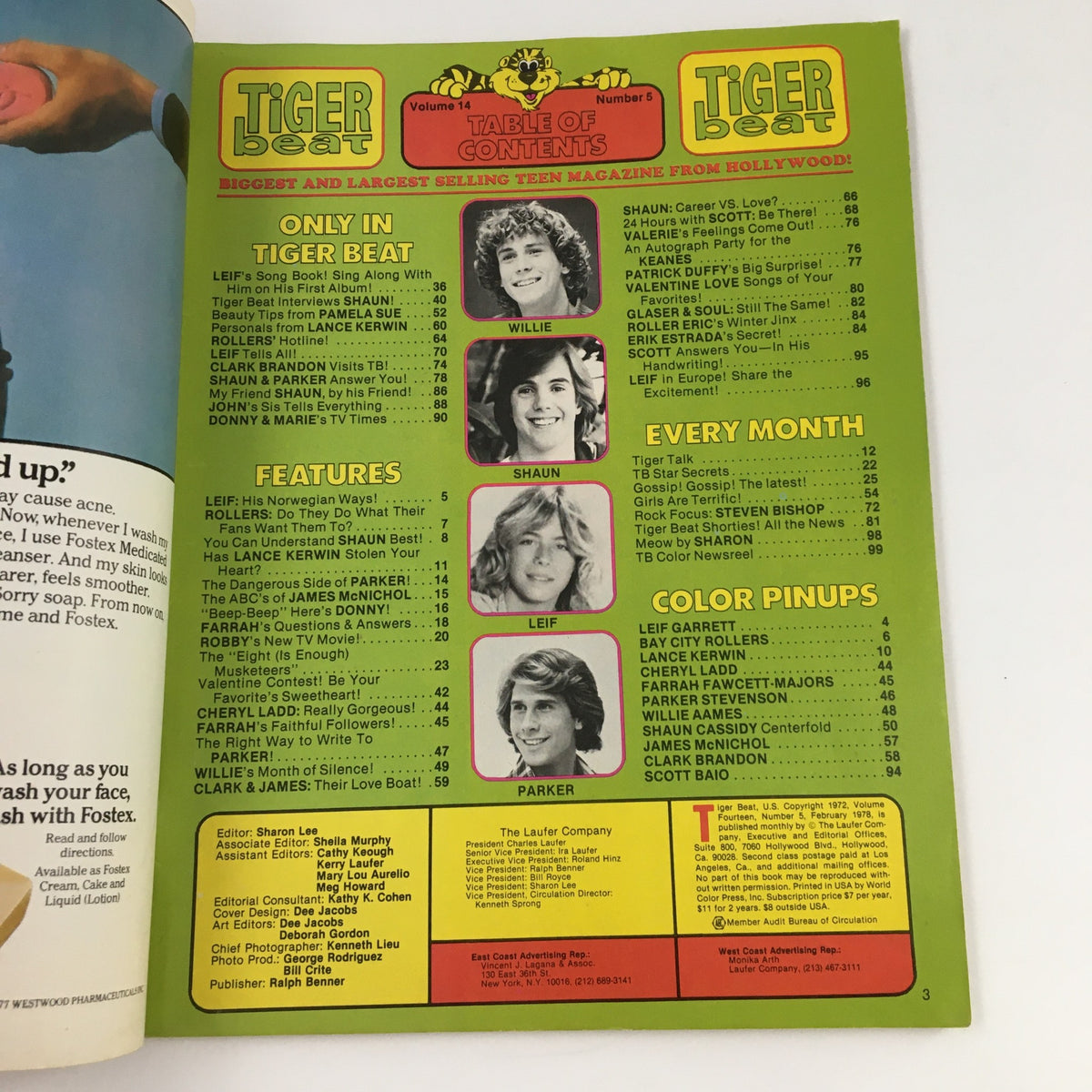 Table of contents from the February 1978 issue of Tiger Beat Magazine, outlining featured articles and stars, encapsulating the vibrant teen culture of the 1970s.