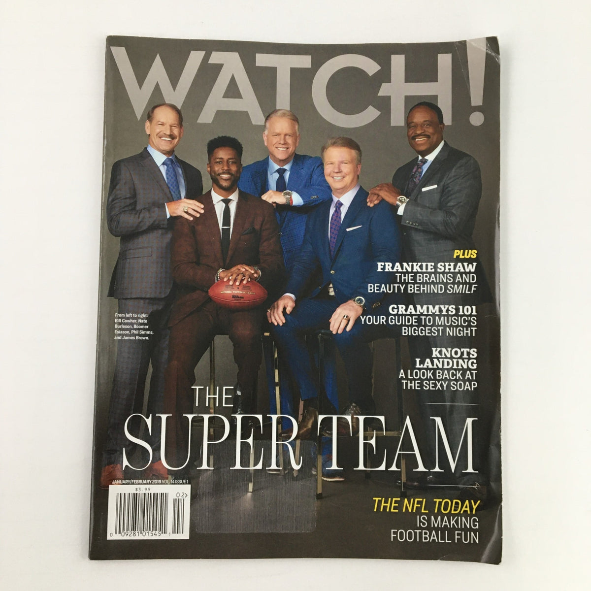 Cover of Watch Magazine January 2019 featuring a group photo of Bill Cowher, Nate Burleson, Boomer Esiason, and others, highlighting 'The Super Team' with a football backdrop.