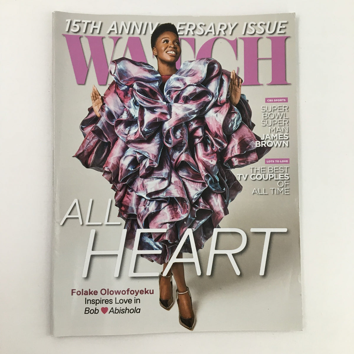 Watch Magazine January 2021 featuring Folake Olowofoyeku on the cover, wearing a colorful ruffled dress, with the headline 'ALL HEART' and mention of James Brown.