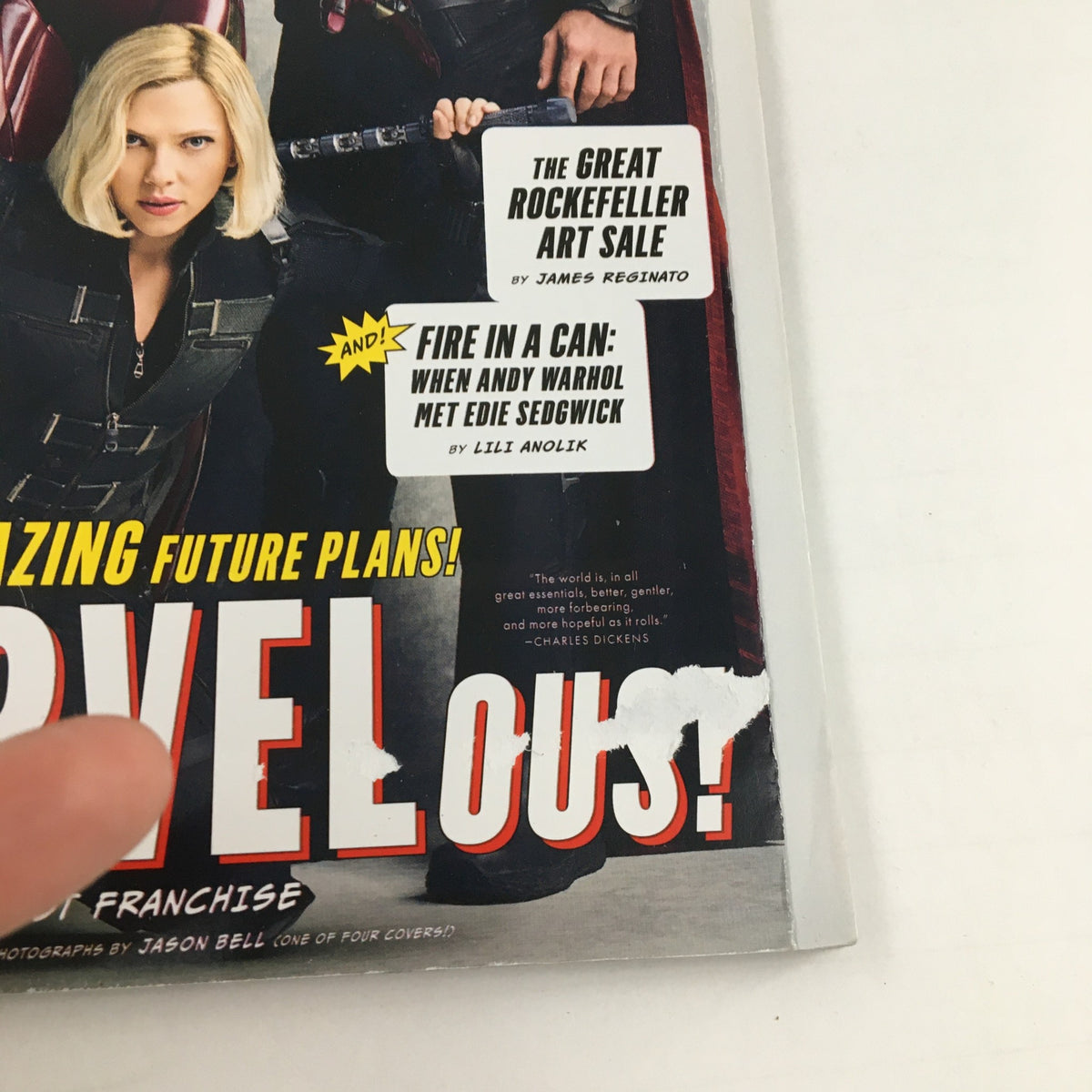 Close-up of the Vanity Fair Magazine Holiday 2017 cover, highlighting the text 'S'MARVELous!' and featuring key details about the Great Rockefeller Art Sale.