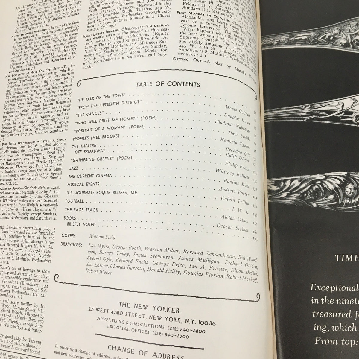 Interior page of The New Yorker October 30 1978 displaying the table of contents, highlighting various articles and illustrations included in the issue.