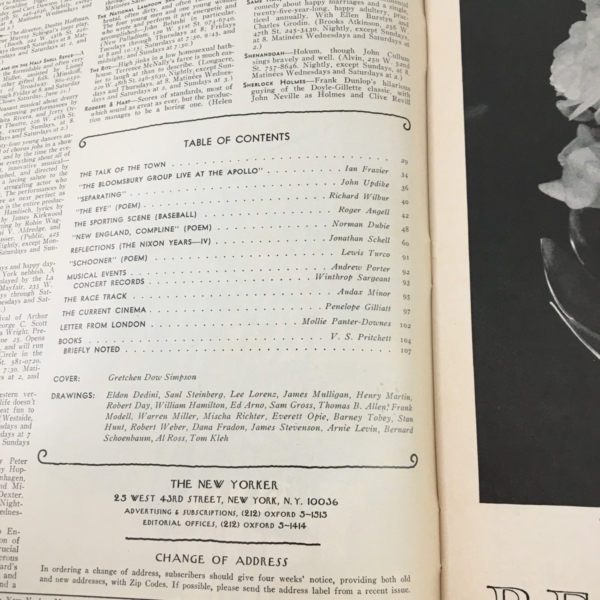 Table of Contents from The New Yorker June 23 1975, listing articles and contributors, highlighting the cover art by Gretchen Dow Simpson.