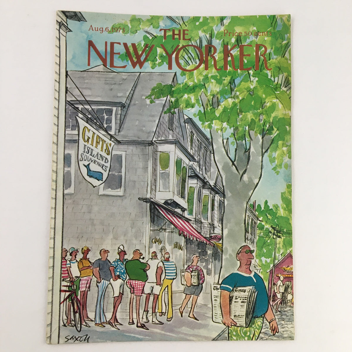 The New Yorker August 6 1973 Full Magazine Theme Cover by Charles Saxon, featuring a colorful illustration of a street scene with figures, a shop sign for 'Gifts Island Souvenirs', bringing a nostalgic view of 1970s culture.