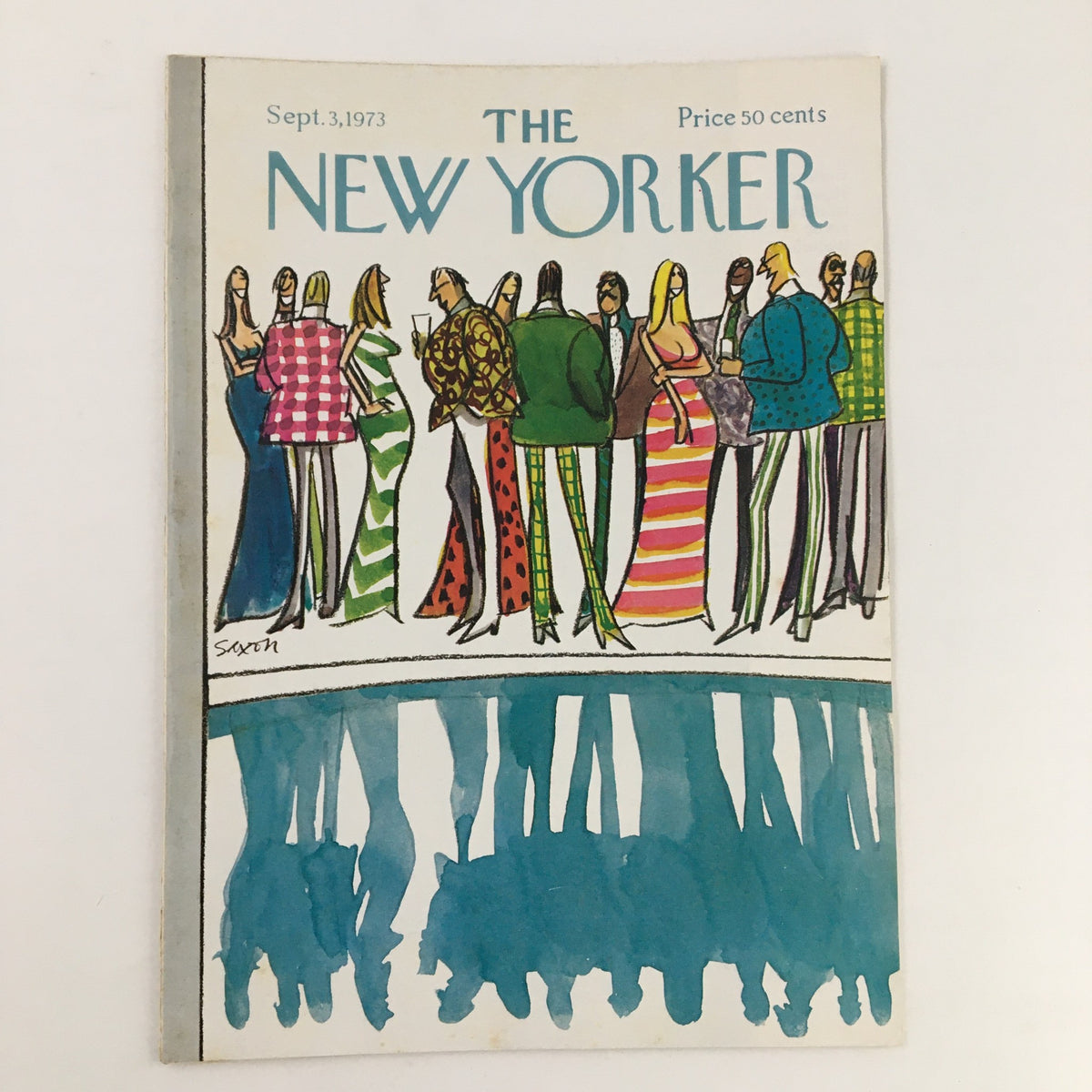 Cover of The New Yorker September 3 1973 featuring a vibrant illustration by Charles Saxon showcasing fashionable figures near a reflective pool.