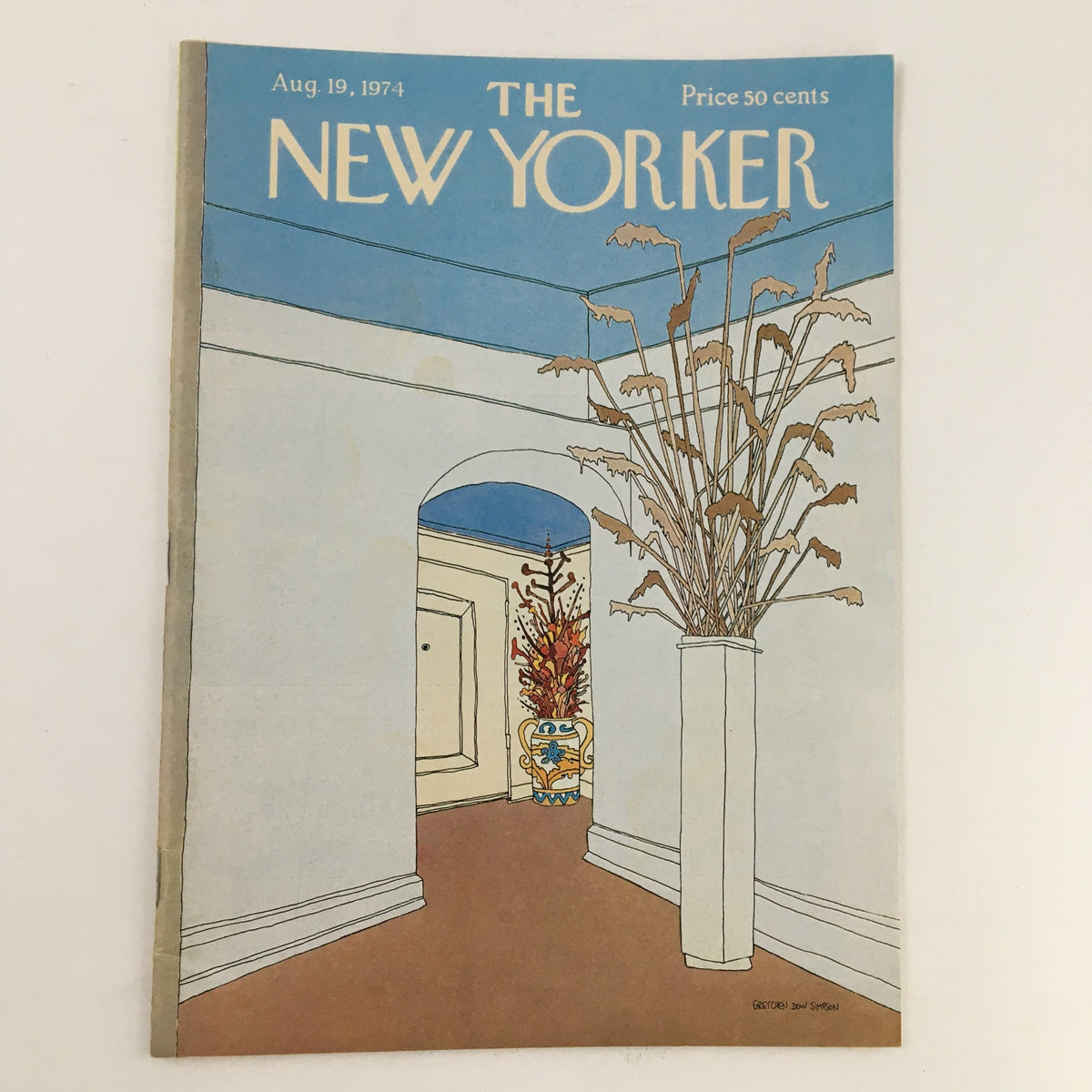 Cover of The New Yorker magazine August 19, 1974, featuring a theme cover illustration by Gretchen Dow Simpson, depicting a corridor with decorative plants and a blue ceiling.
