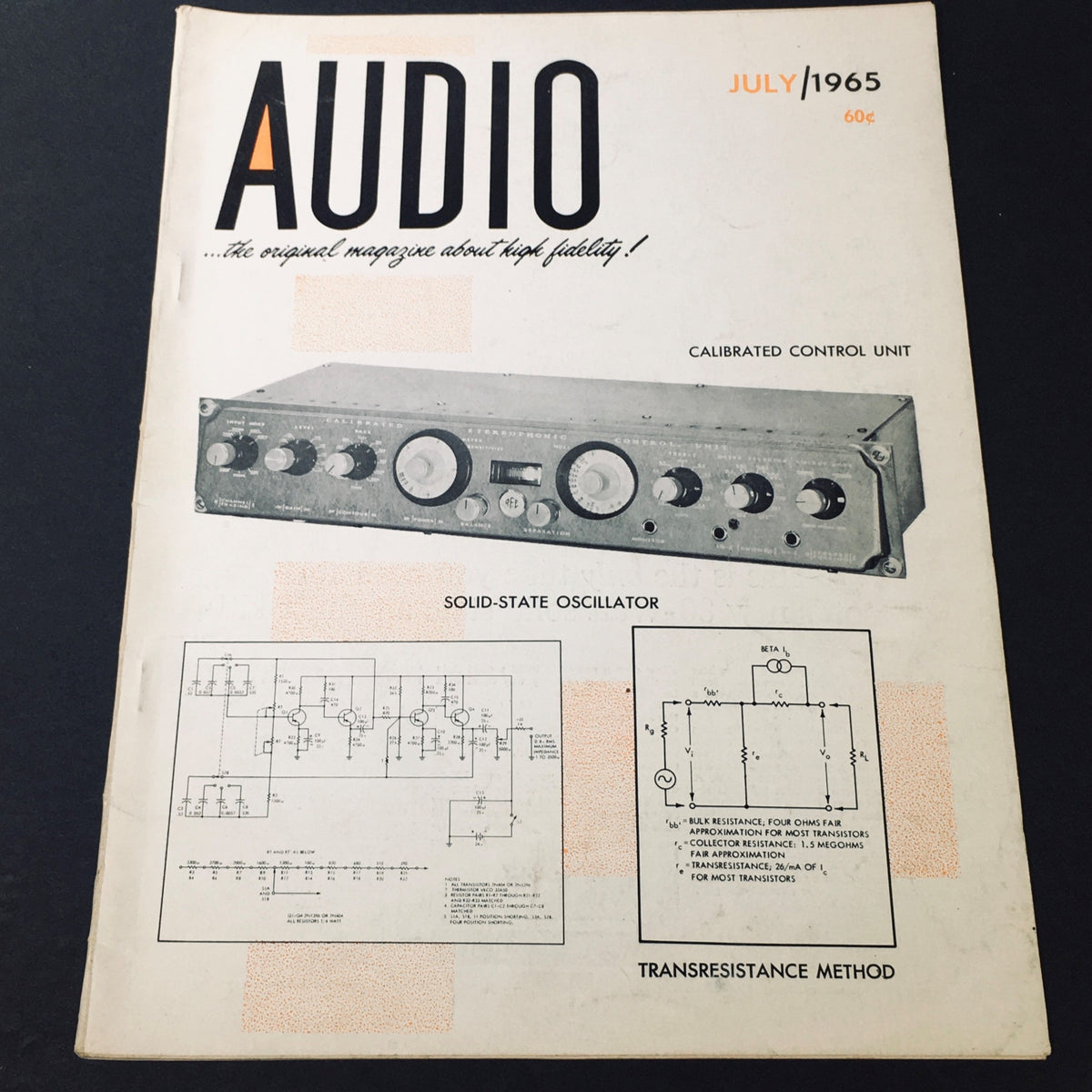 Cover of the VTG Audio Music Magazine from July 1965 featuring a Solid-State Oscillator and Calibrated C-Unit, showcasing vintage audio technology.