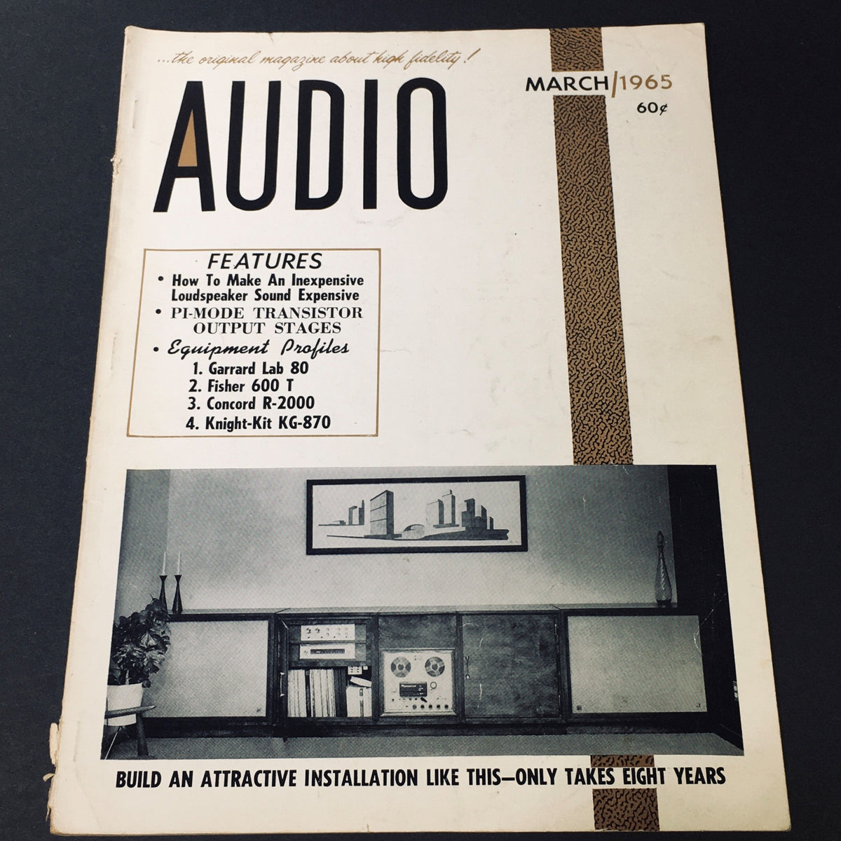 Cover of VTG Audio Music Magazine March 1965, showcasing articles on audio installation with features listed, and a vintage audio setup displayed.