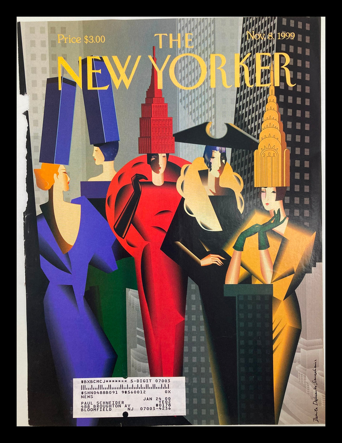 Cover of The New Yorker magazine dated November 8, 1999, illustrating high fashion by Danuta Dabrowska-S, featuring stylized female figures adorned with iconic architectural hats against a city backdrop.