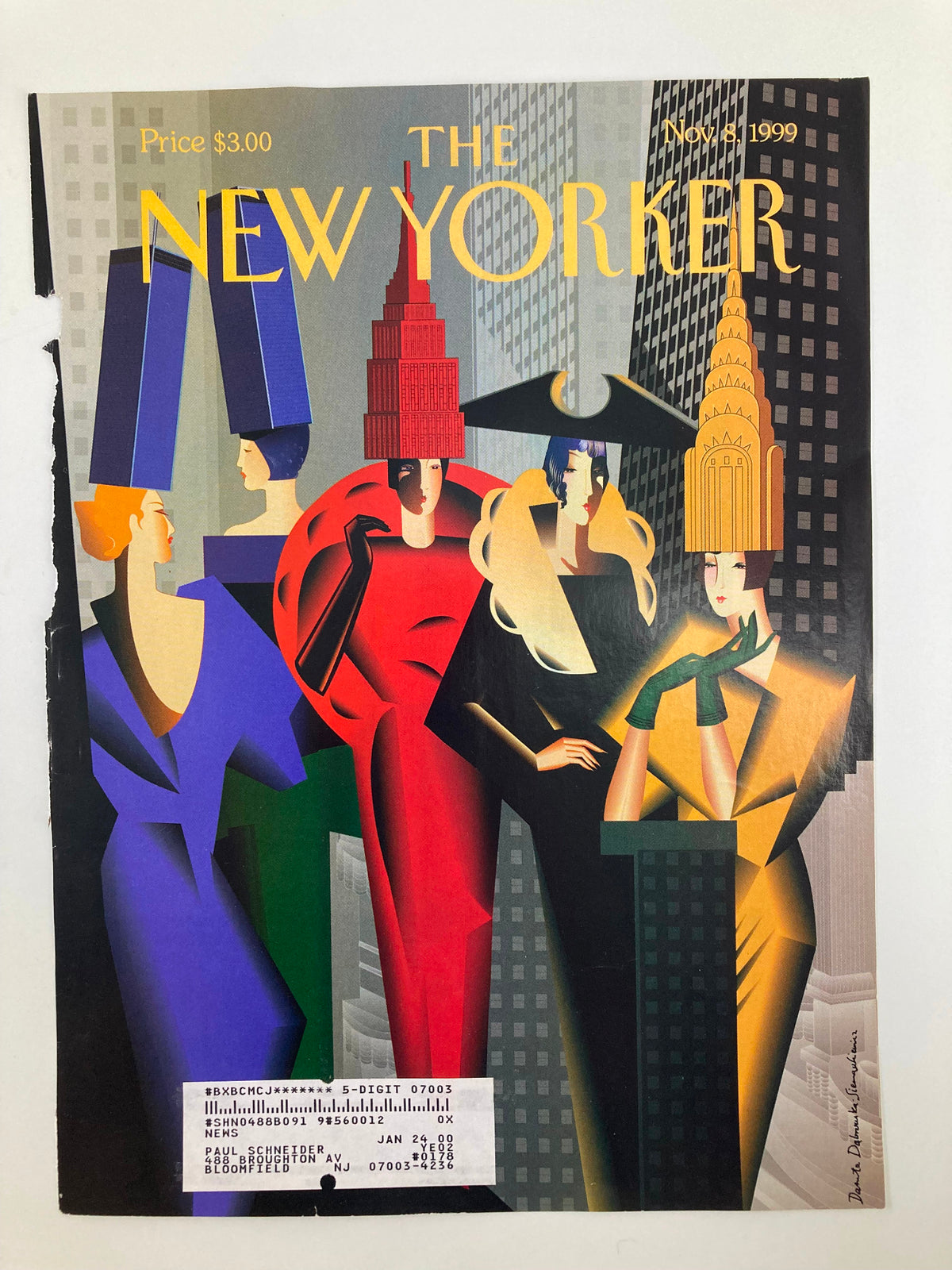 The New Yorker cover dated November 8, 1999, showcasing high fashion art by Danuta Dabrowska-S, featuring colorful figures with fashionable hats inspired by famous landmarks.