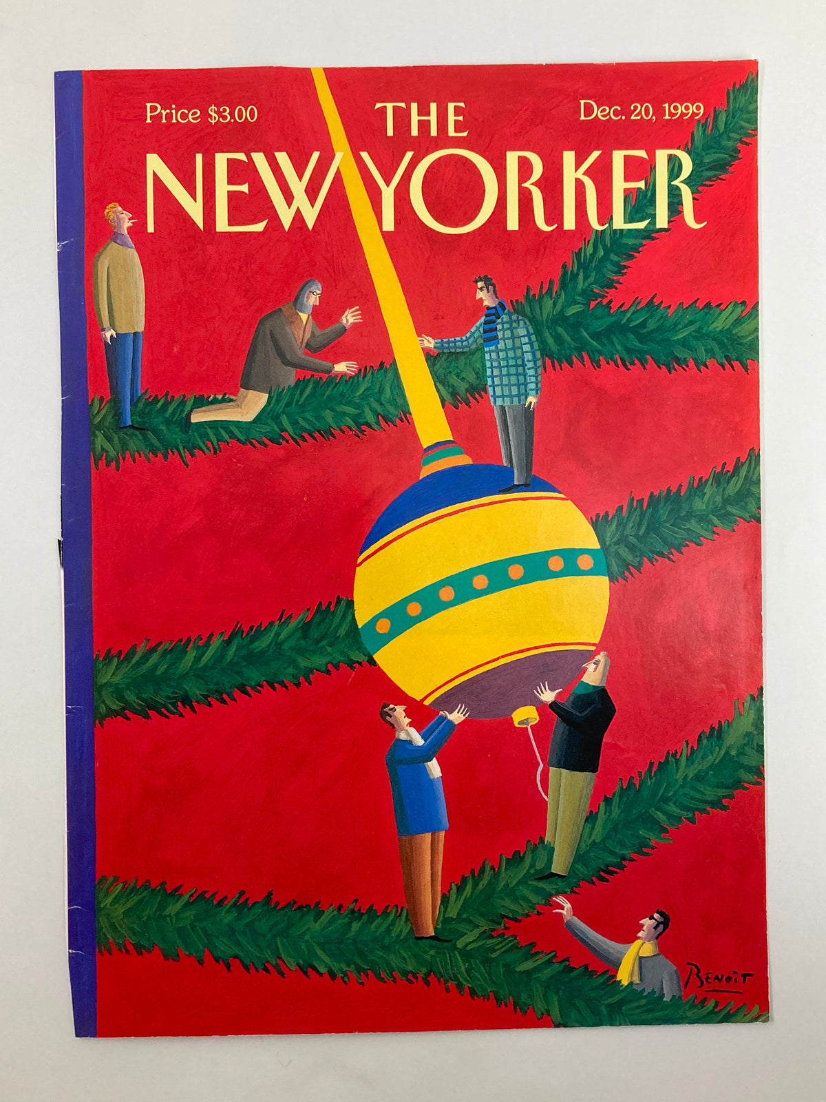 The New Yorker cover from December 20, 1999, illustrated by Benoit van Innis, showcasing a festive scene of individuals placing a large ornament on a tree.