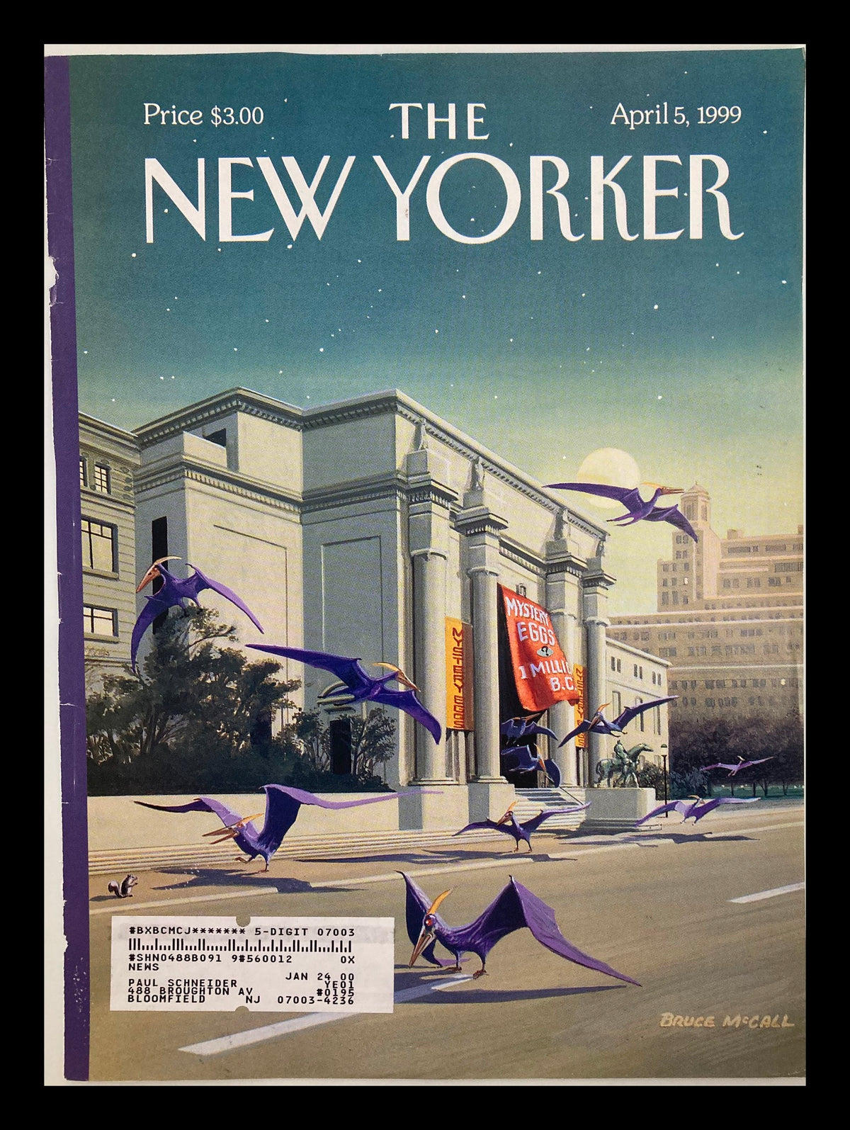 Cover of The New Yorker magazine from April 5, 1999 featuring the illustration 'Easter Morning' by Bruce McCall, showcasing whimsical pterosaurs flying over a street scene with a historic building in the background.