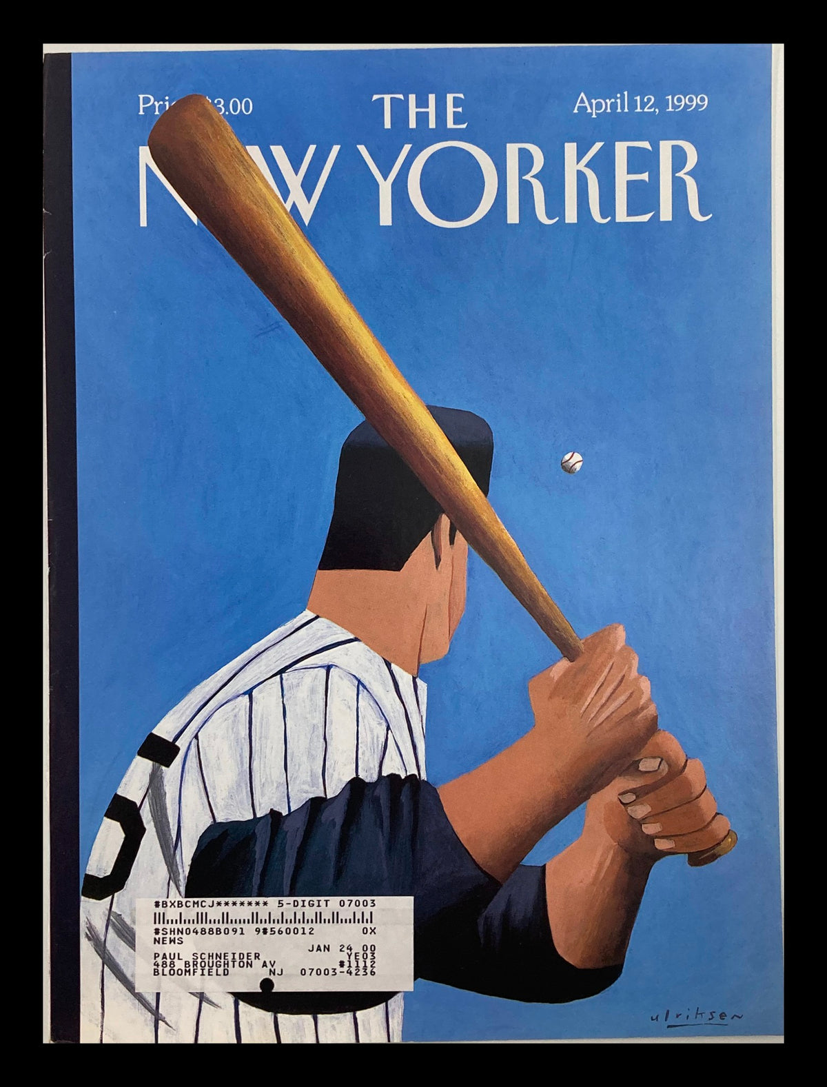 Cover of The New Yorker dated April 12, 1999, titled 'Opening Day' by Mark Ulriksen, featuring a baseball player poised to swing a bat against a vibrant blue background, capturing the excitement of the baseball season.