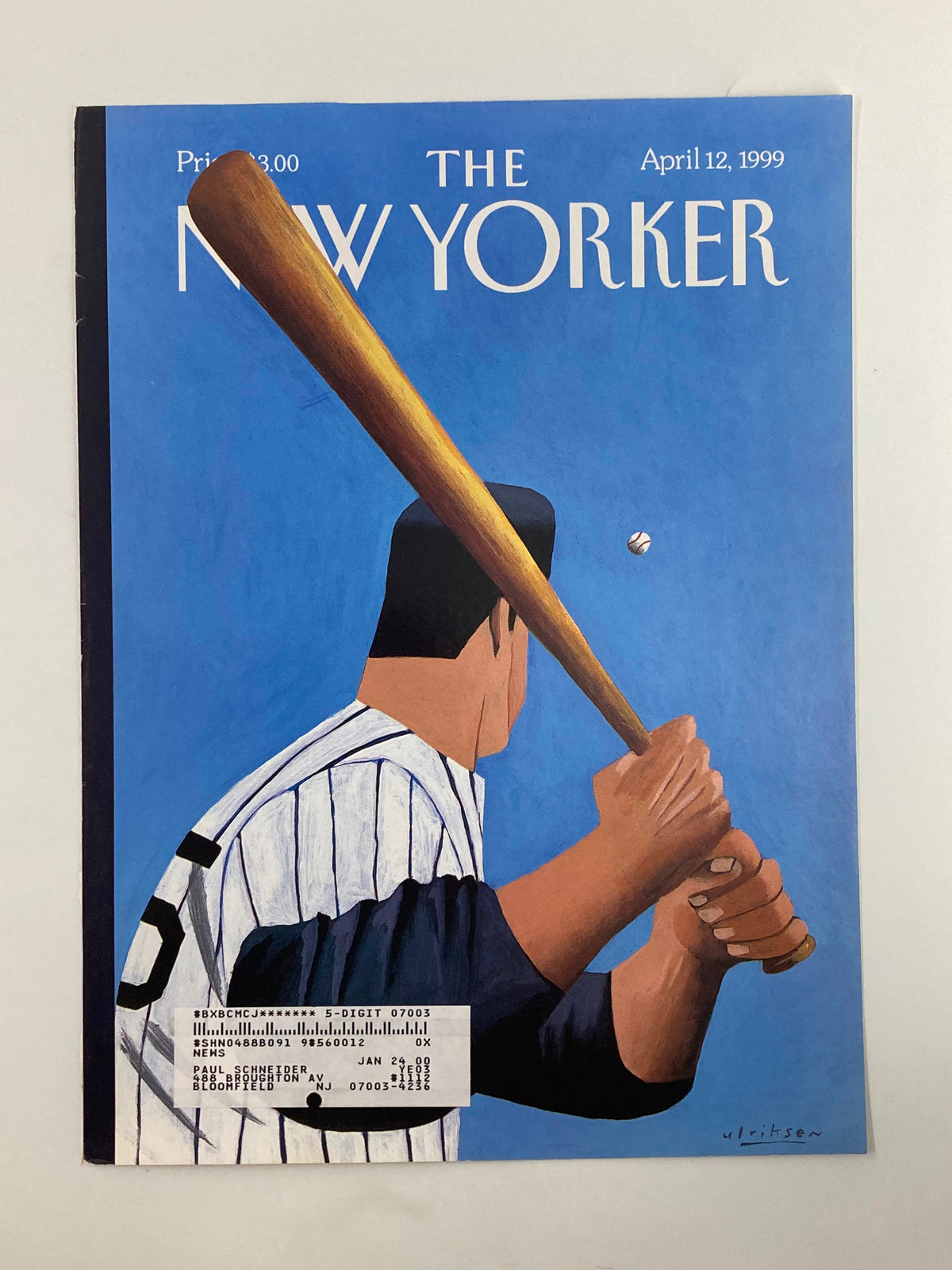 Cover of The New Yorker April 12, 1999 titled 'Opening Day' by Mark Ulriksen, featuring a baseball player holding a bat against a blue background, capturing the excitement of the baseball season.