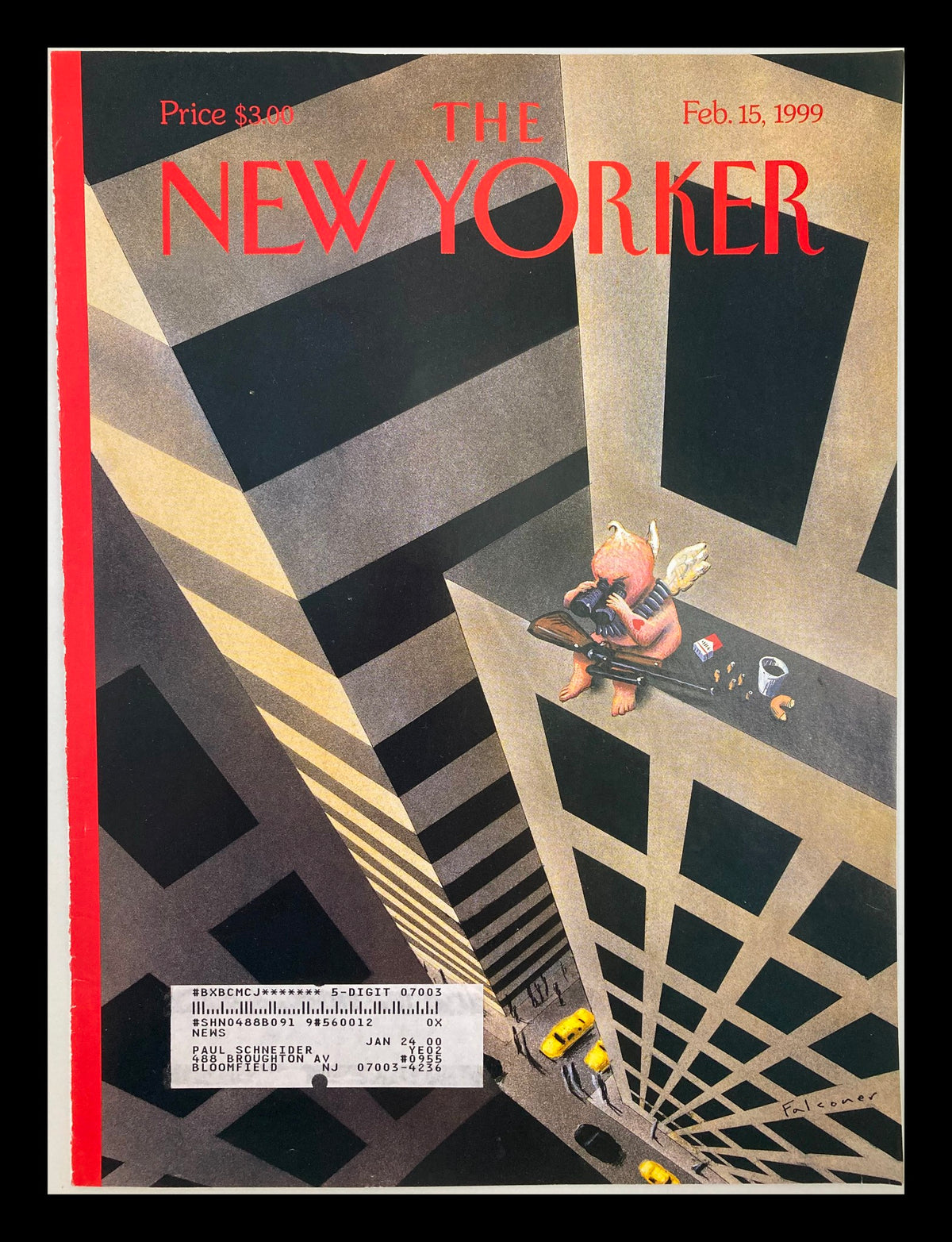 Cover of The New Yorker, February 15, 1999, titled 'Heart Attack' by Ian Falconer, featuring striking illustration of a whimsical scene with an angelic figure amidst a city backdrop.