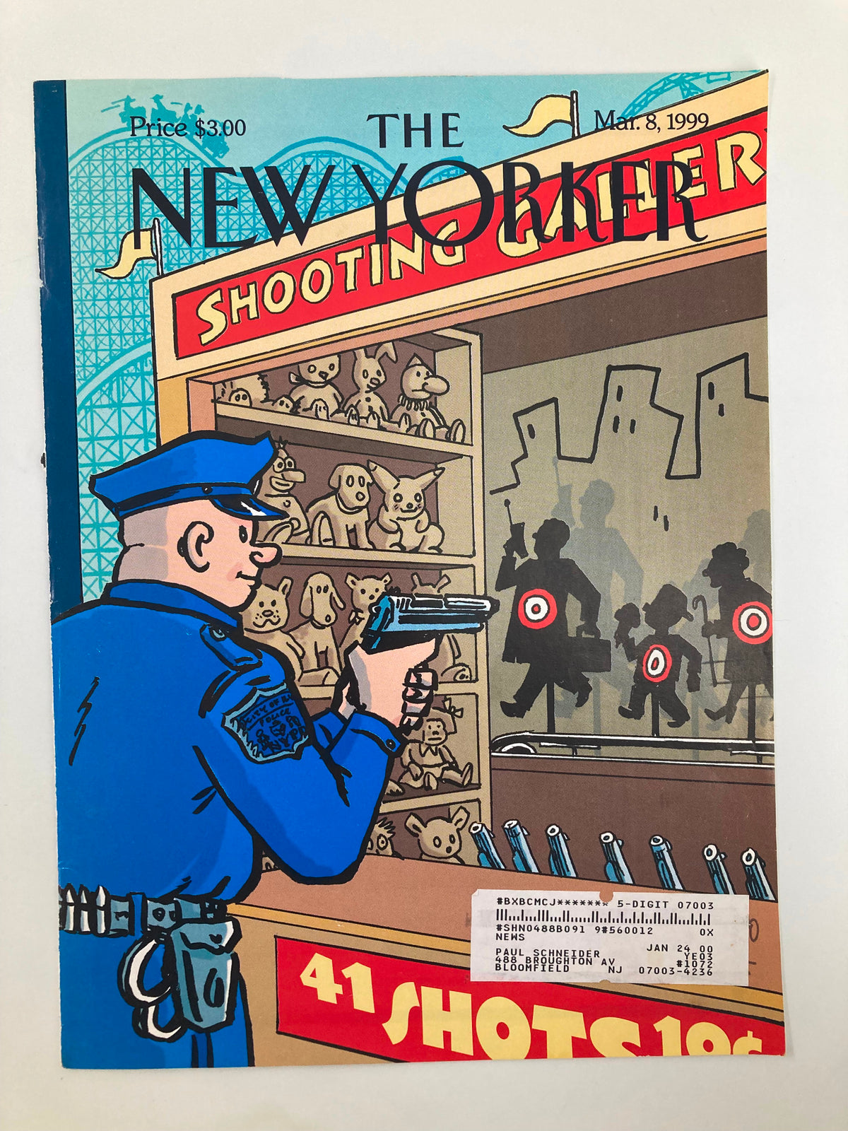 COVER ONLY The New Yorker March 8 1999 41 Shots 10 Cents by Art Spiegelman, presenting an iconic illustration of a policeman in blue uniform, participating in a shooting gallery, reflecting critical social issues with a bold artistic style.