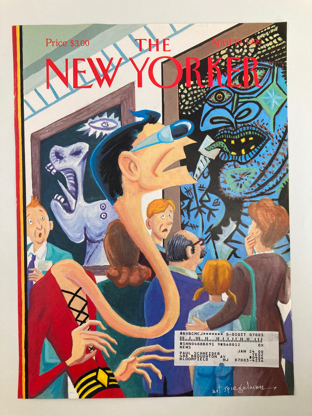 Another angle of the cover of The New Yorker, April 19, 1999, illustrated by Art Spiegelman, depicting an artistic gathering with unique characters and colorful artwork.