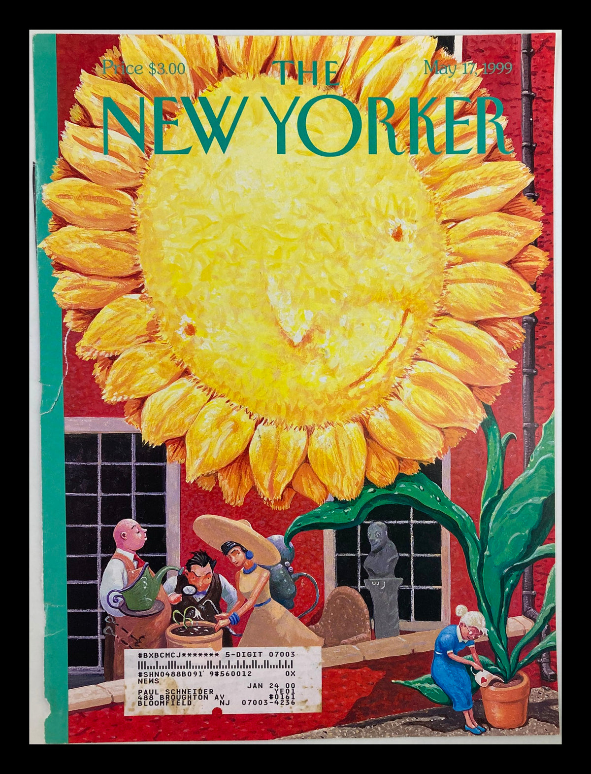 Cover of The New Yorker magazine dated May 17, 1999, featuring the illustration 'Reap What You Sew' by William Joyce, depicting a cheerful sunflower and whimsical characters in a vibrant garden setting.