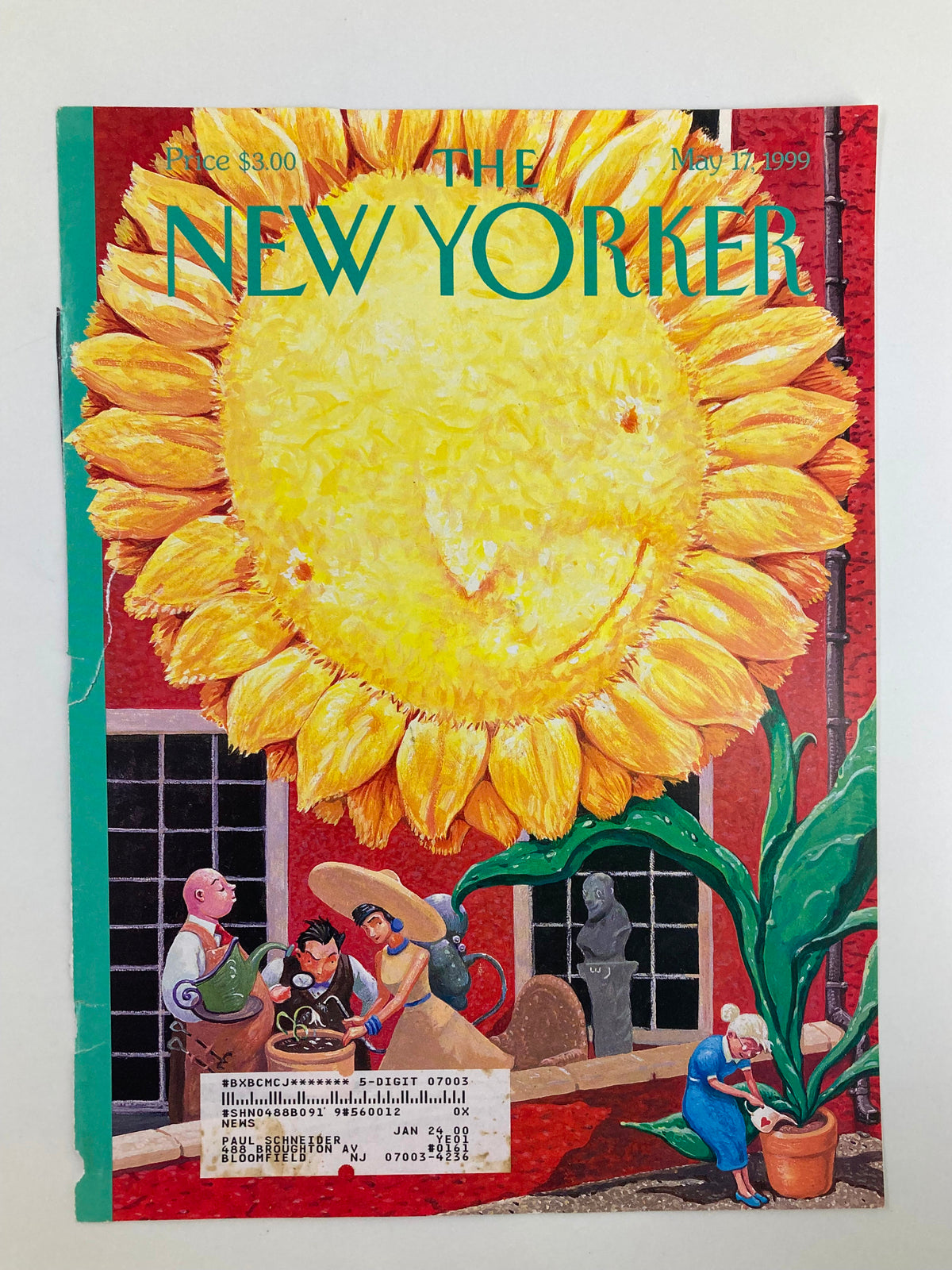 The New Yorker magazine cover for May 17, 1999, illustrates 'Reap What You Sew' by William Joyce, showcasing colorful artwork of a sunflower, gardening characters, and a lively outdoor scene.