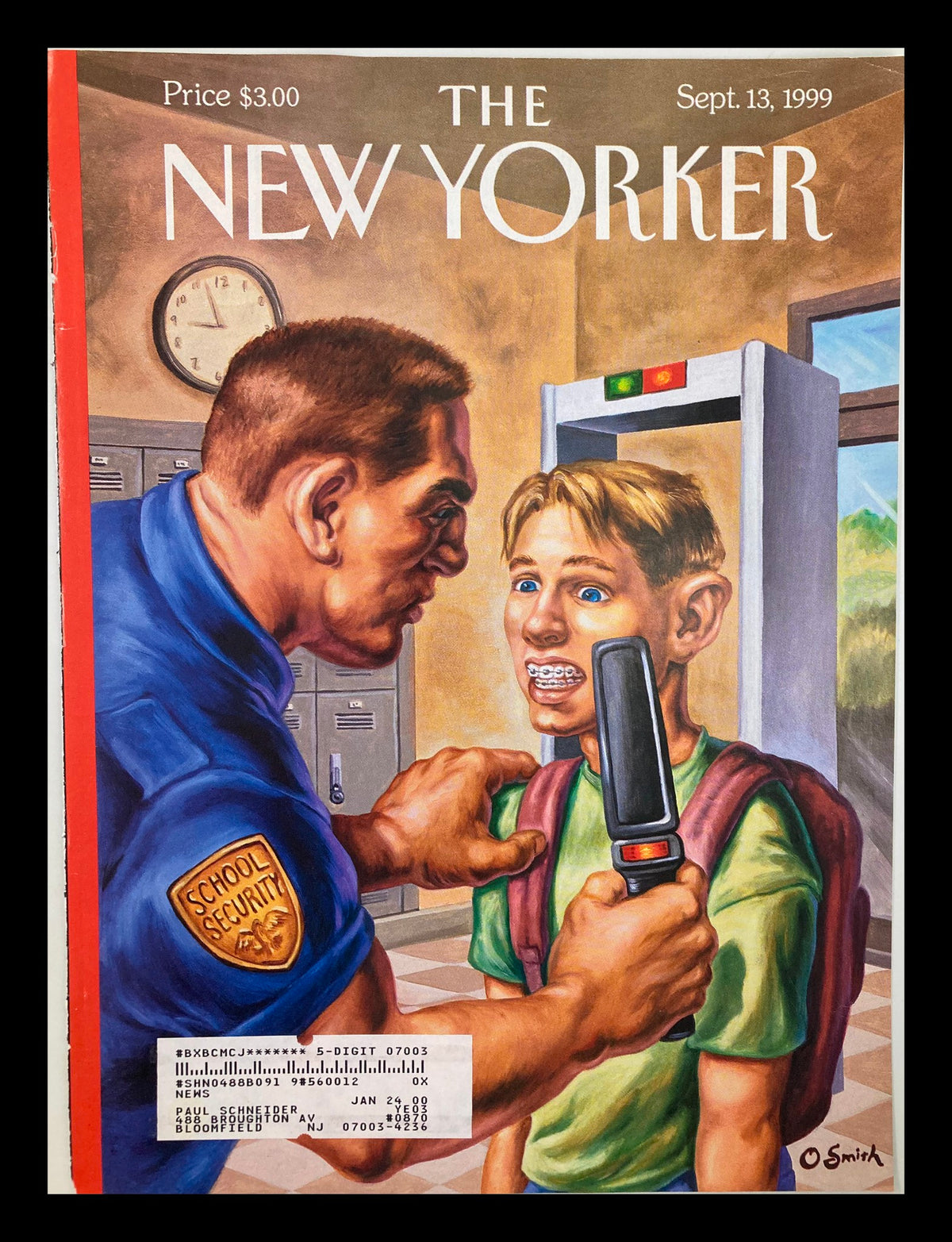 COVER ONLY The New Yorker September 13 1999 titled 'Brace Yourself' by Owen Smith. The cover features a school security officer and a student with braces, hinting at themes of authority and youth. Ideal for collectors and fans of magazine art.
