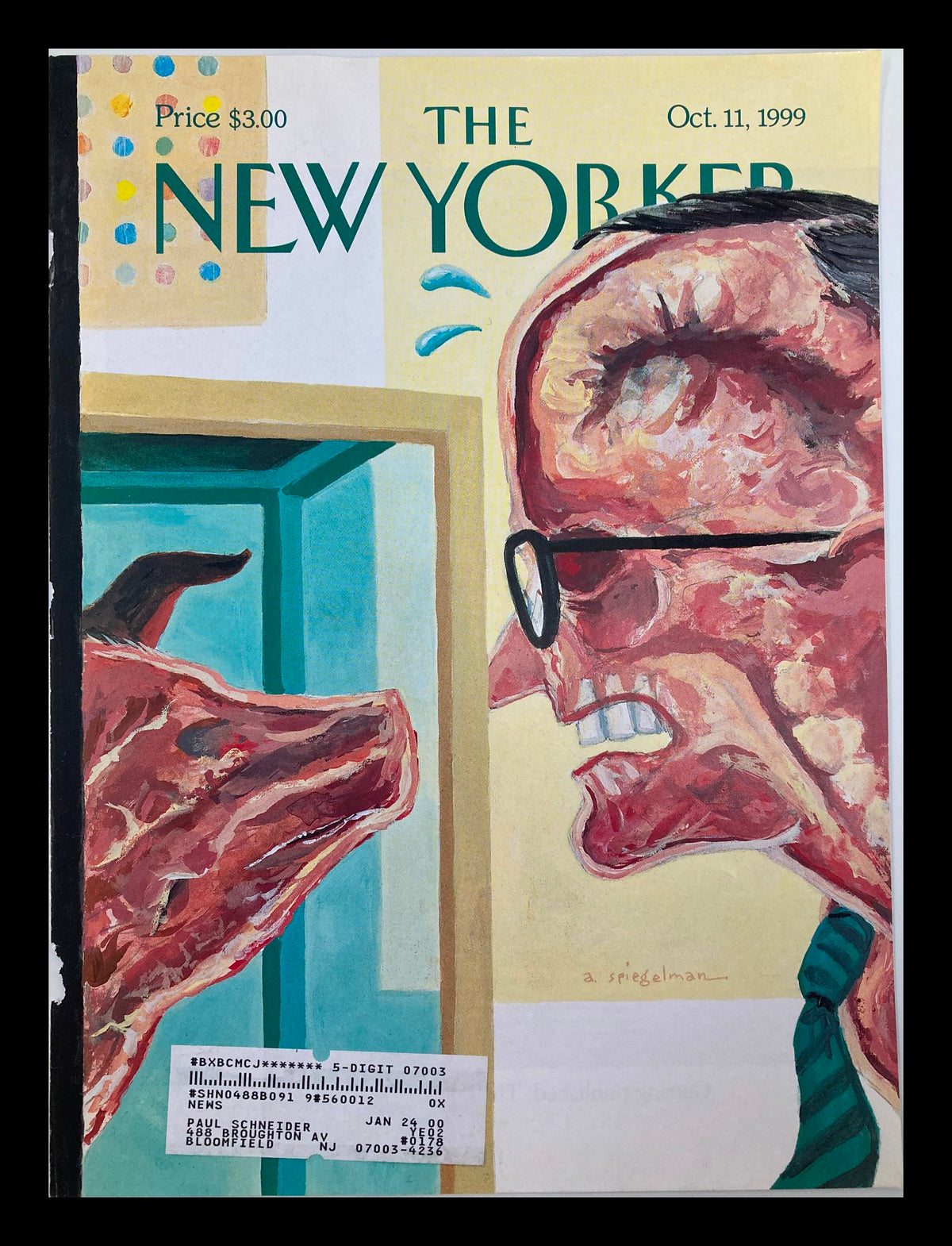 Cover only of The New Yorker dated October 11, 1999, titled 'Open-Minded Mayor' by Art Spiegelman featuring a man with glasses and expressive facial features in a conversation with a depicted animal.