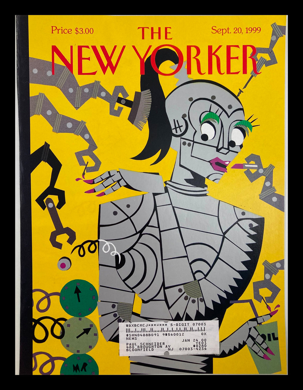 The New Yorker September 20, 1999 cover featuring the illustration 'Steeling Beauty' by Michael Roberts, showcasing a stylized robot figure on a vibrant yellow background.