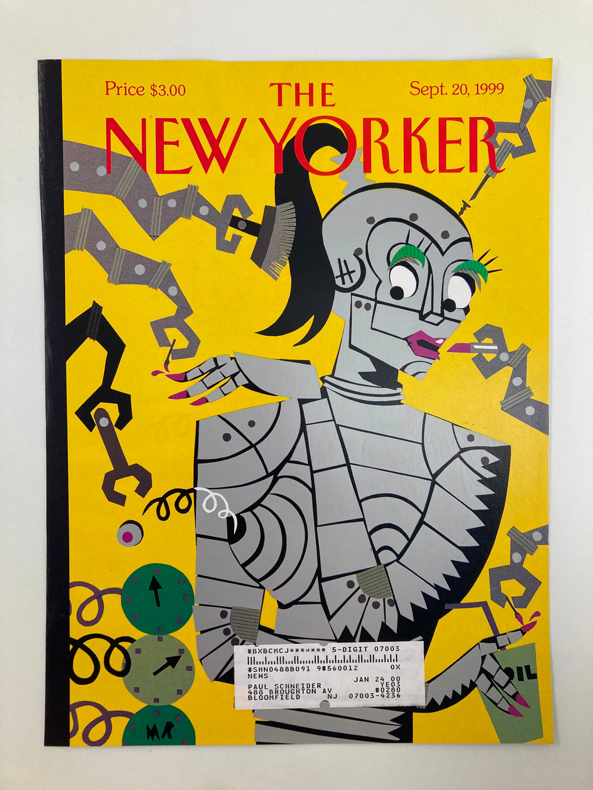 The New Yorker September 20, 1999 magazine cover with the artwork 'Steeling Beauty' by Michael Roberts, depicting a striking robot character set against a bright yellow backdrop.