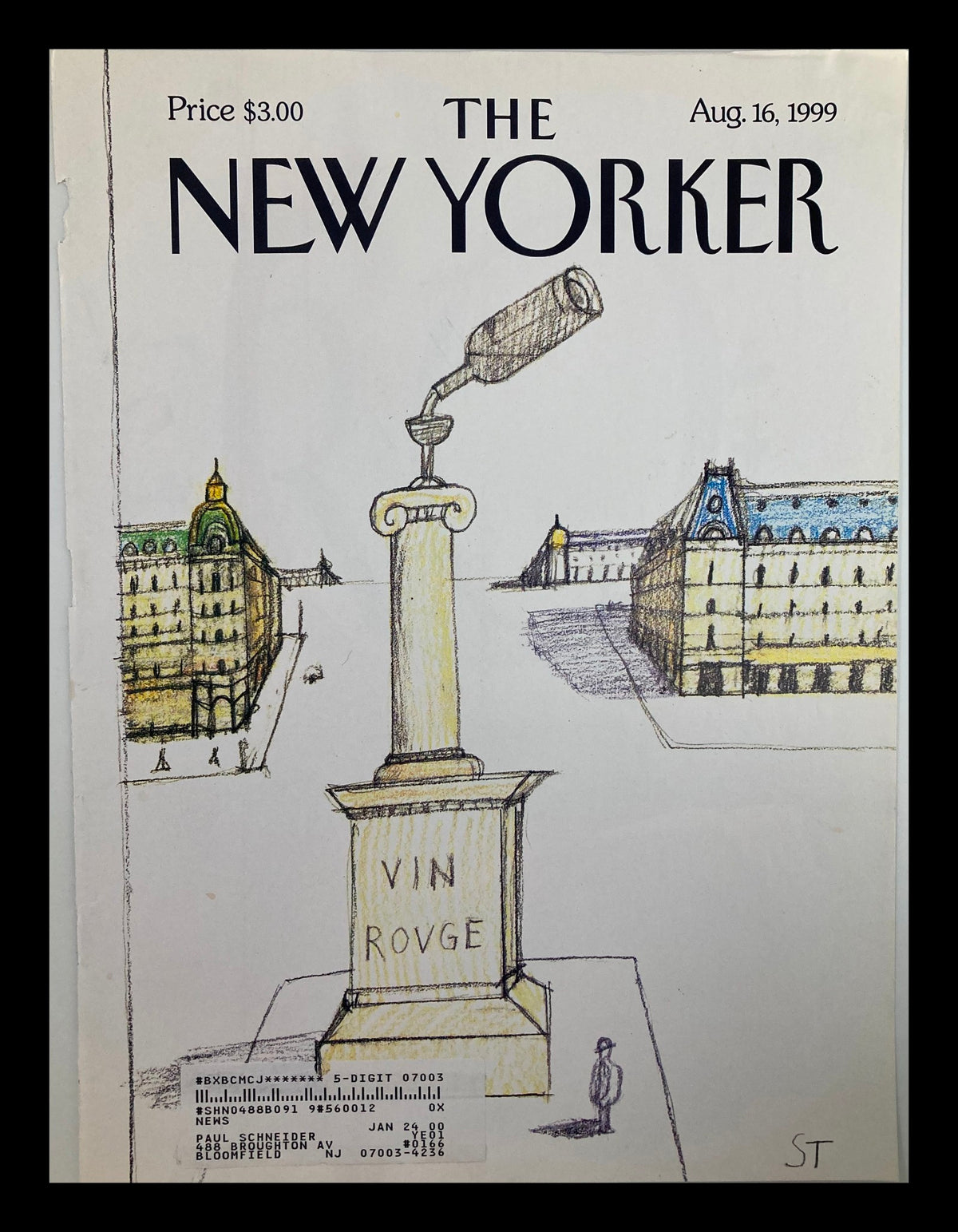 Cover of The New Yorker August 16, 1999, featuring an illustration of a wine corkscrew and a column inscribed 'VIN ROUGE', showcasing the theme 'Red Wine Rules The World' by Saul S.