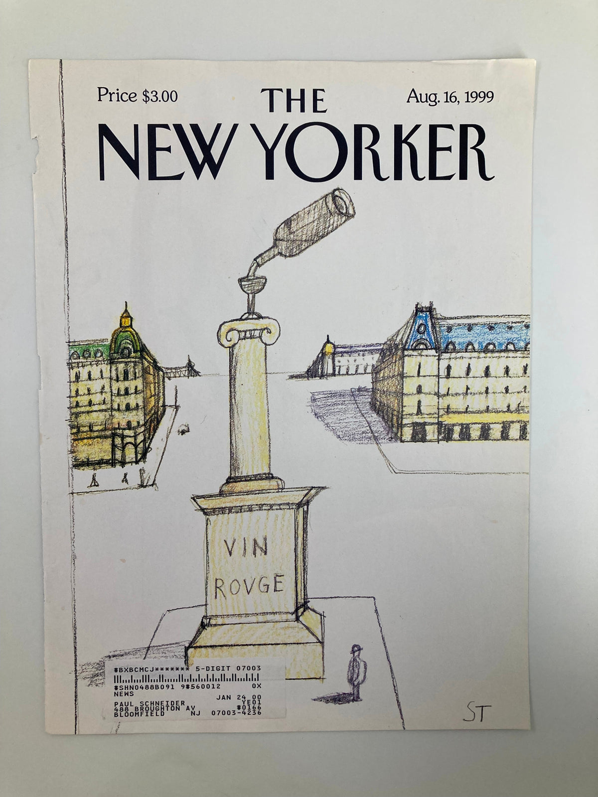 The New Yorker magazine cover from August 16, 1999, illustrating a whimsical corkscrew on a column with 'VIN ROUGE', representing the artistic theme of 'Red Wine Rules The World' by Saul S.
