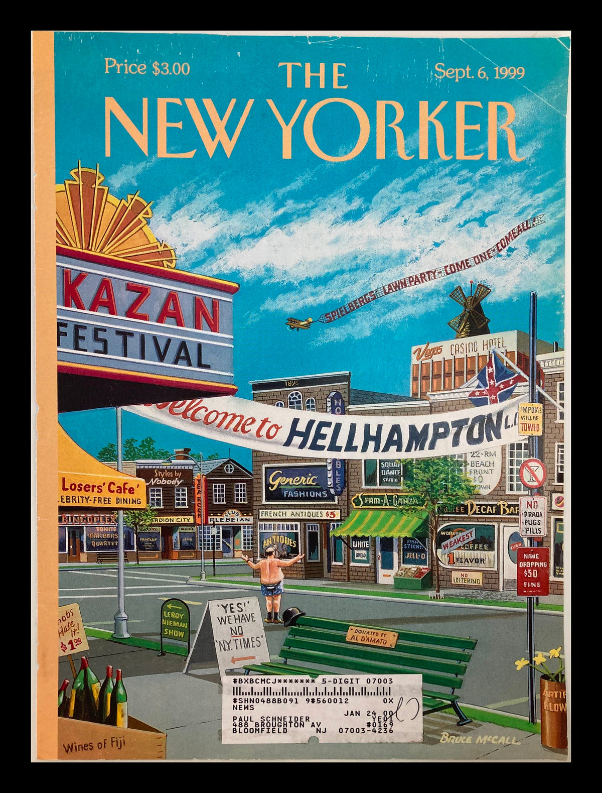 Cover only The New Yorker September 6 1999 featuring the illustration 'Welcome to Hellhampton' by Barry McCall, showcasing a colorful and whimsical depiction of a fictional town with various signage and characters.