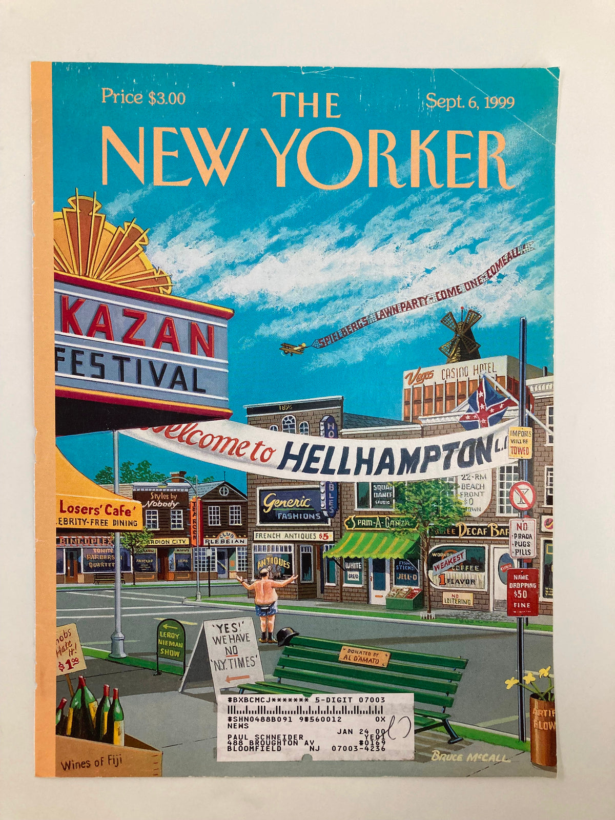 Cover only The New Yorker dated September 6 1999, titled 'Welcome to Hellhampton' by artist Barry McCall, illustrating a vibrant scene of a small town with humorous signage and unique characters.