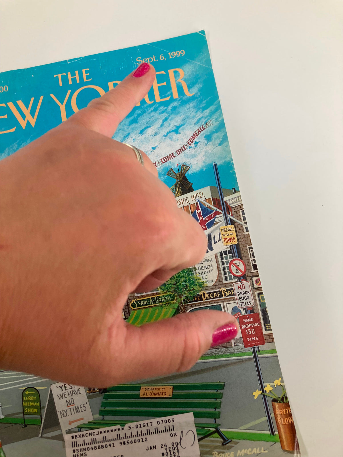 Close-up view of the New Yorker cover from September 6 1999, showcasing the title 'Welcome to Hellhampton' by Barry McCall, highlighting the date and various humorous signs around a small town.