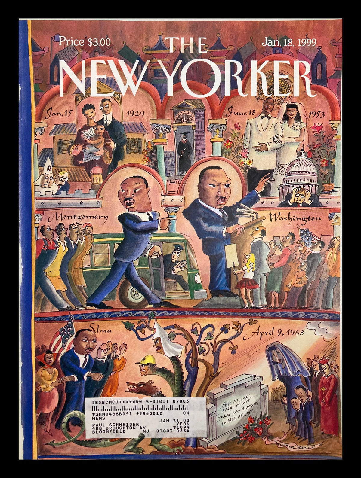 Cover of The New Yorker, January 18, 1999, featuring artwork depicting significant events in the life of Martin Luther King Jr. by E. Sorel.