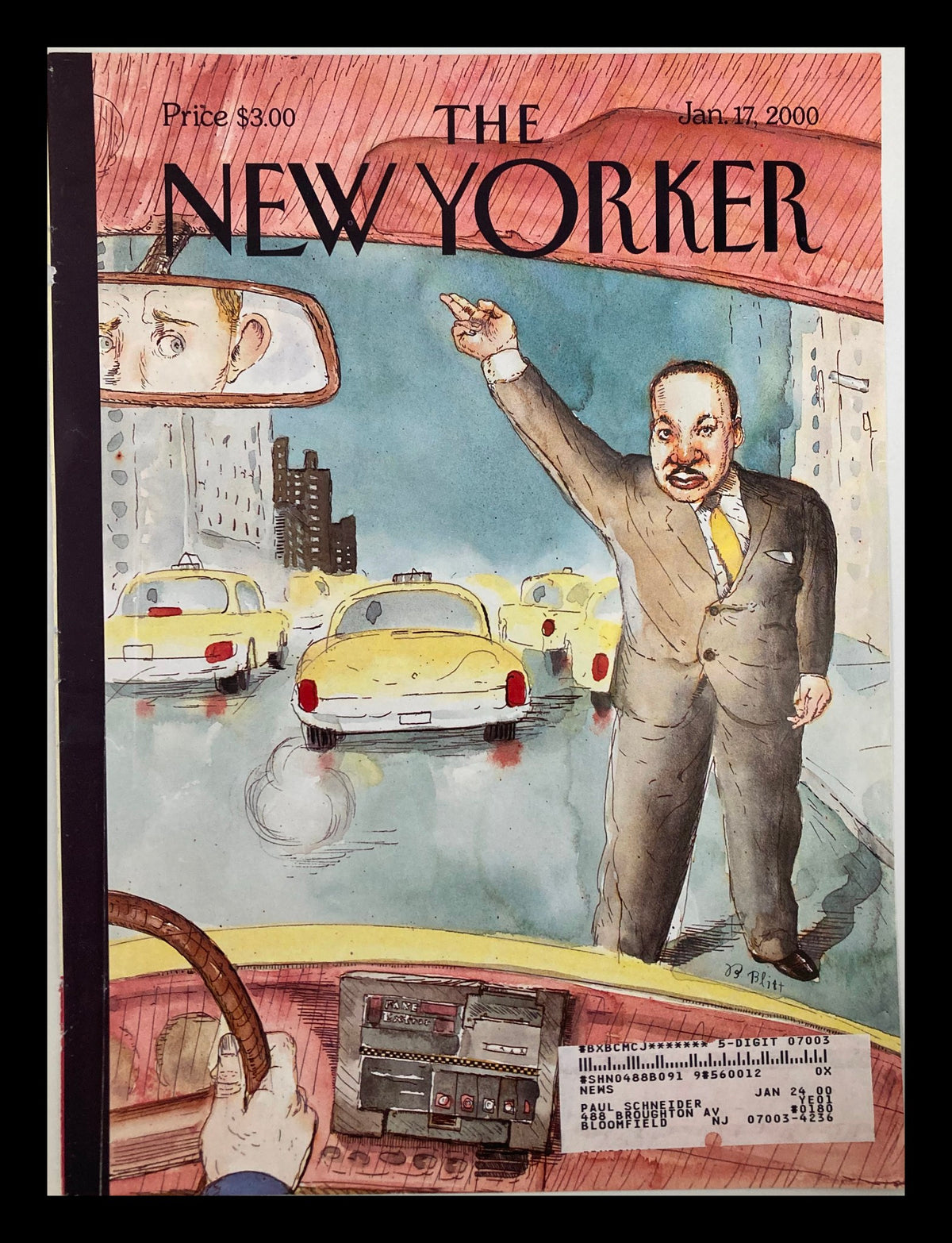 Cover of The New Yorker January 17, 2000, featuring a cartoon of Martin Luther King Jr. by Barry Blitt, depicting him passionately gesturing in a yellow cab surrounded by taxis, showcasing vibrant artwork and powerful imagery.