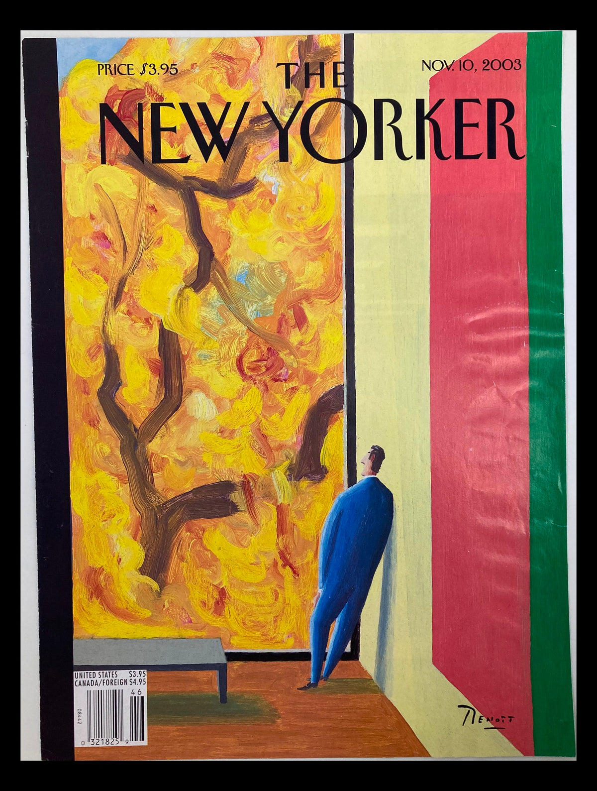 COVER ONLY The New Yorker November 10 2003 A Pretty Picture by Benoit van Innis featuring a vibrant illustration with a man leaning against a wall amidst colorful autumn foliage.