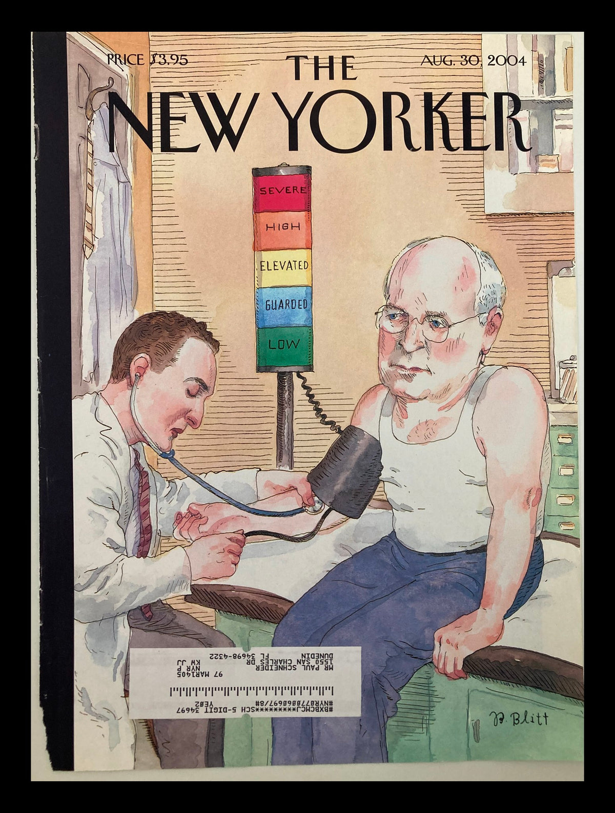 Cover of The New Yorker, August 30, 2004, titled 'At Risk?' by Barry Blitt, depicting a doctor taking a patient's blood pressure in a humorous medical setting.