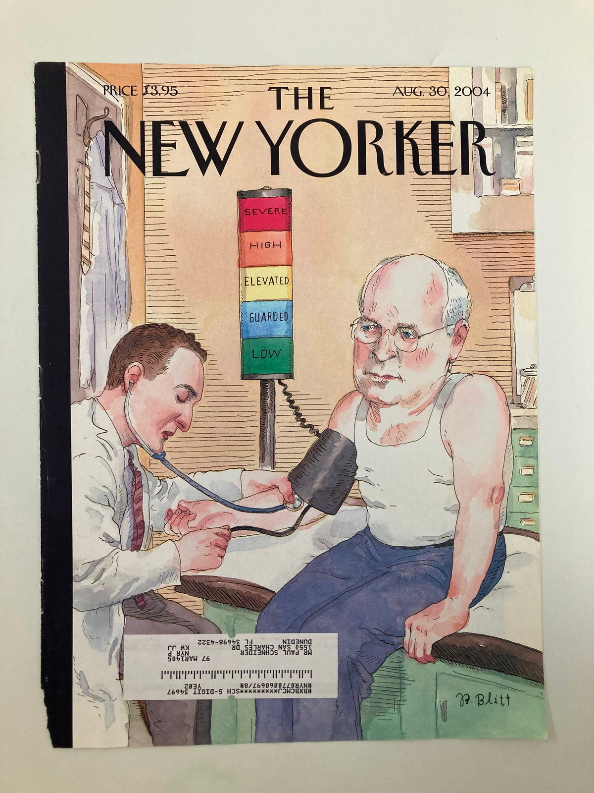 The New Yorker cover from August 30, 2004, titled 'At Risk?' by Barry Blitt, illustrating a doctor examining a patient with a humorous approach, featuring a colorful health alert sign in the background.