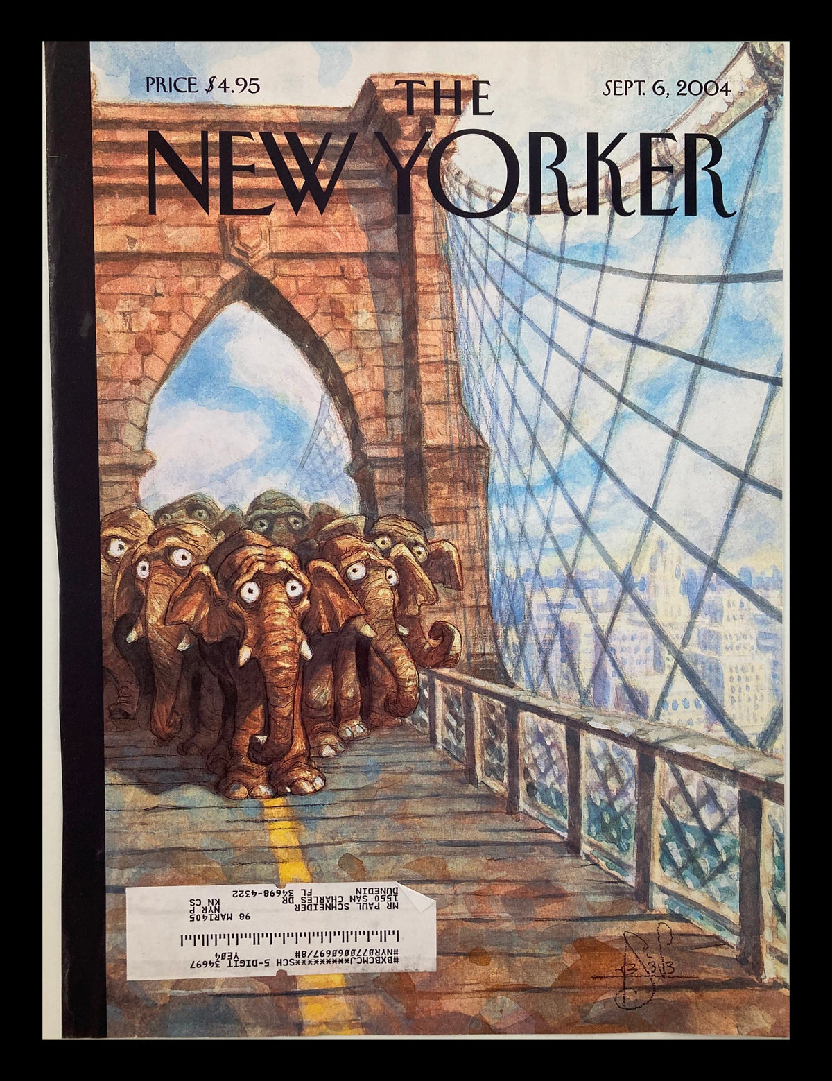 The New Yorker September 6 2004 Swift Boat Wars cover featuring an illustration of elephants walking on the Brooklyn Bridge, showcasing Peter de Sève's artistic style.