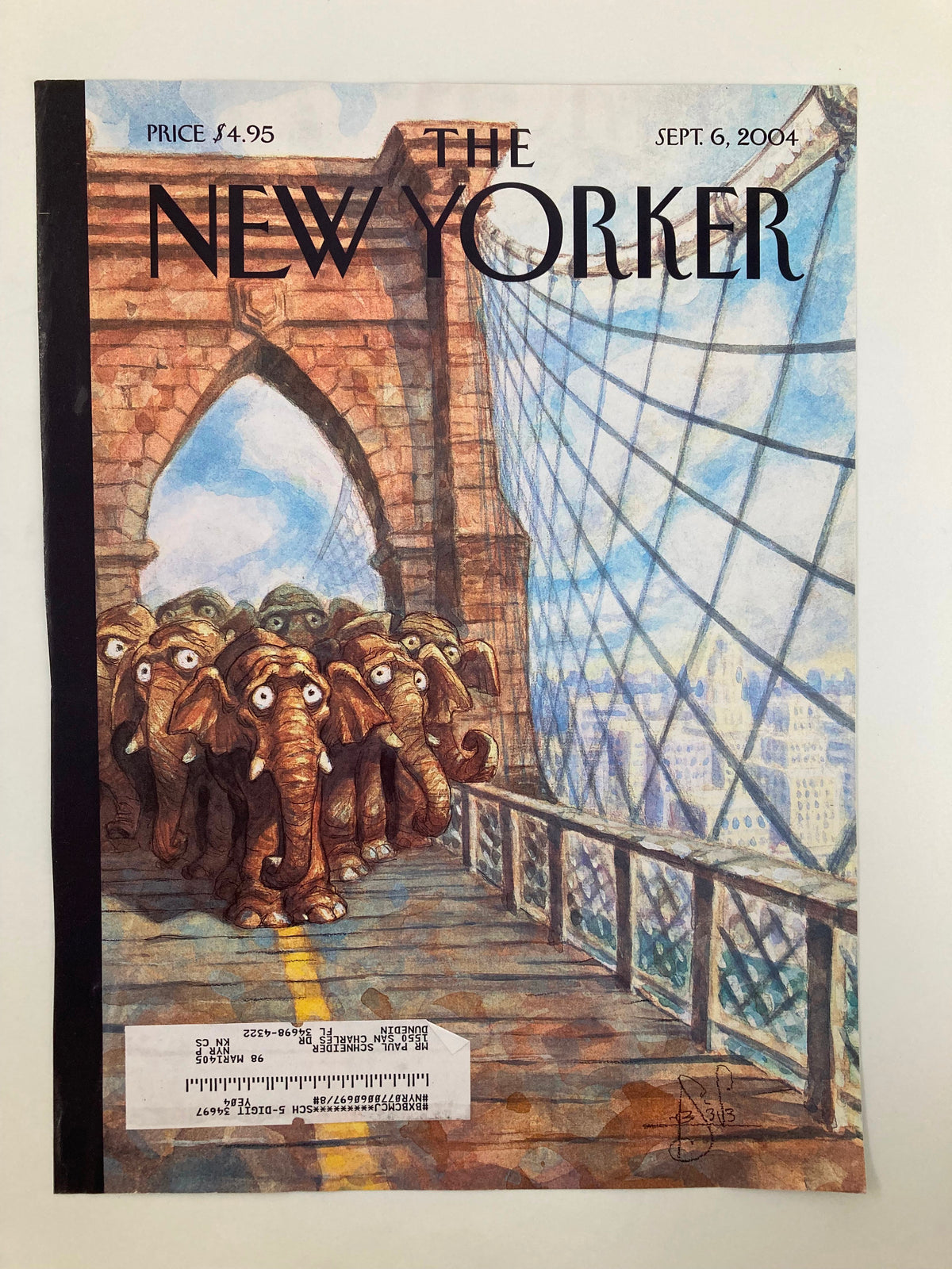 The New Yorker September 6 2004 Swift Boat Wars cover with a whimsical illustration of elephants on the Brooklyn Bridge, created by artist Peter de Sève, highlighting a unique political commentary.
