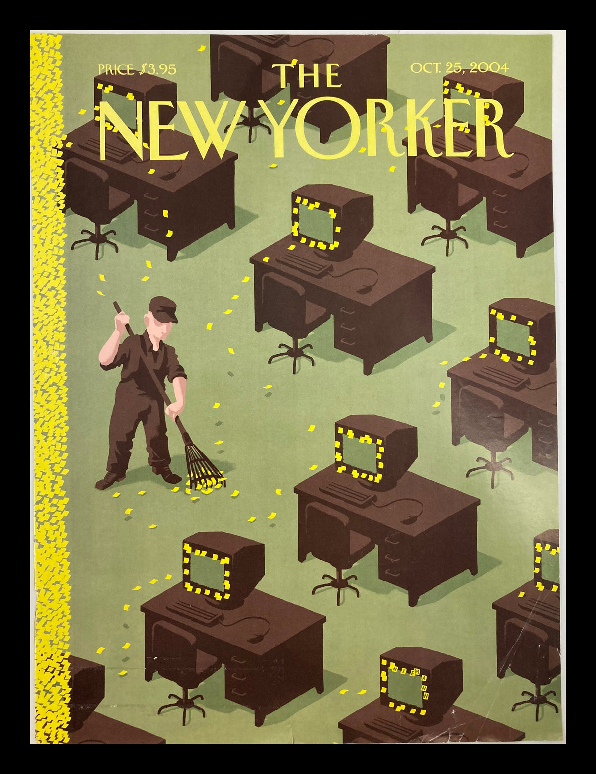 The New Yorker October 25 2004 cover featuring a man raking leaves amidst computers, designed by Christoph Niemann, showcasing vibrant autumn colors and themes of seasonal change.