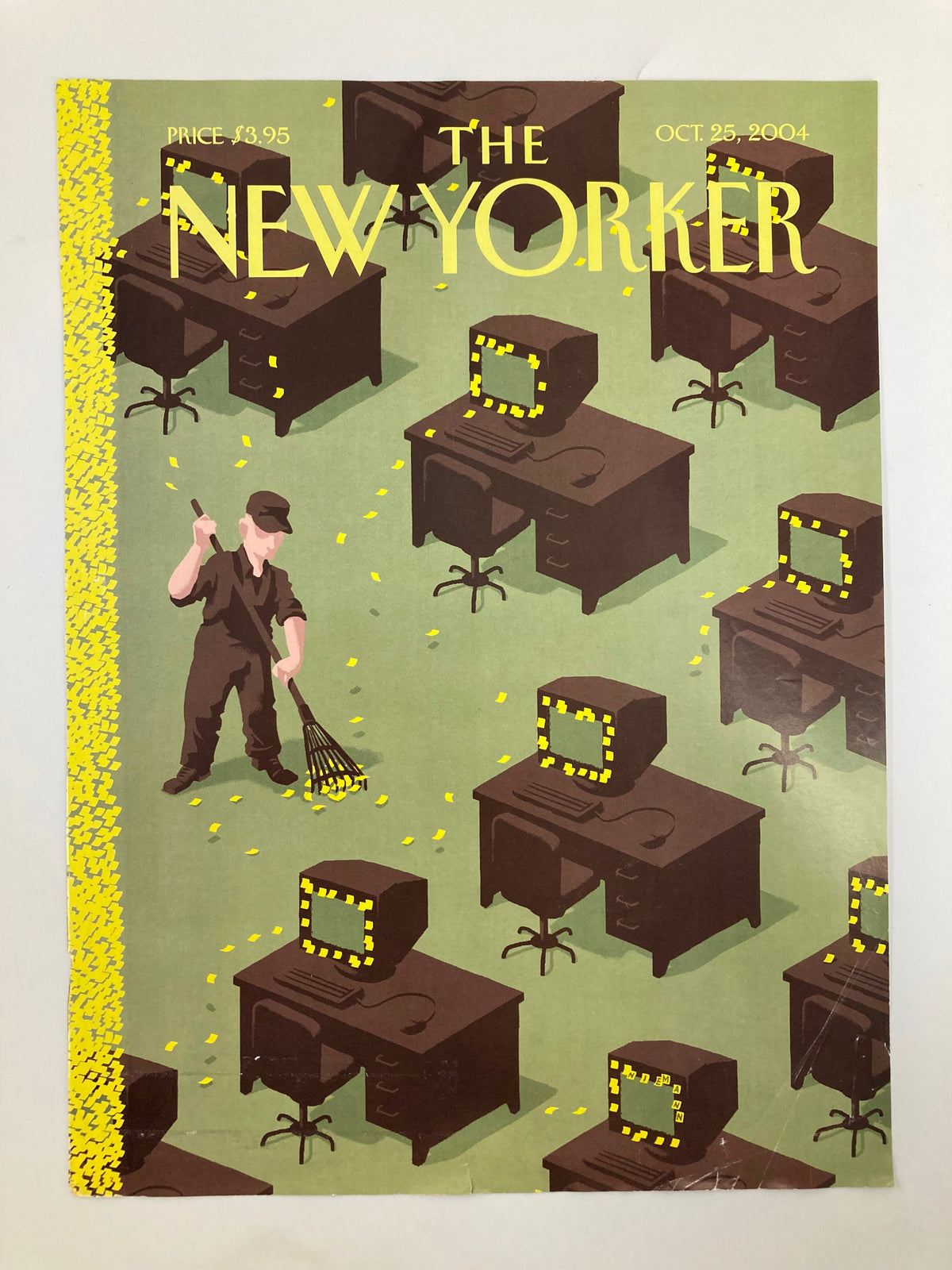 The New Yorker October 25 2004 cover art with a man raking yellow leaves surrounding office desks and computers, crafted by Christoph Niemann, reflecting autumn chores.