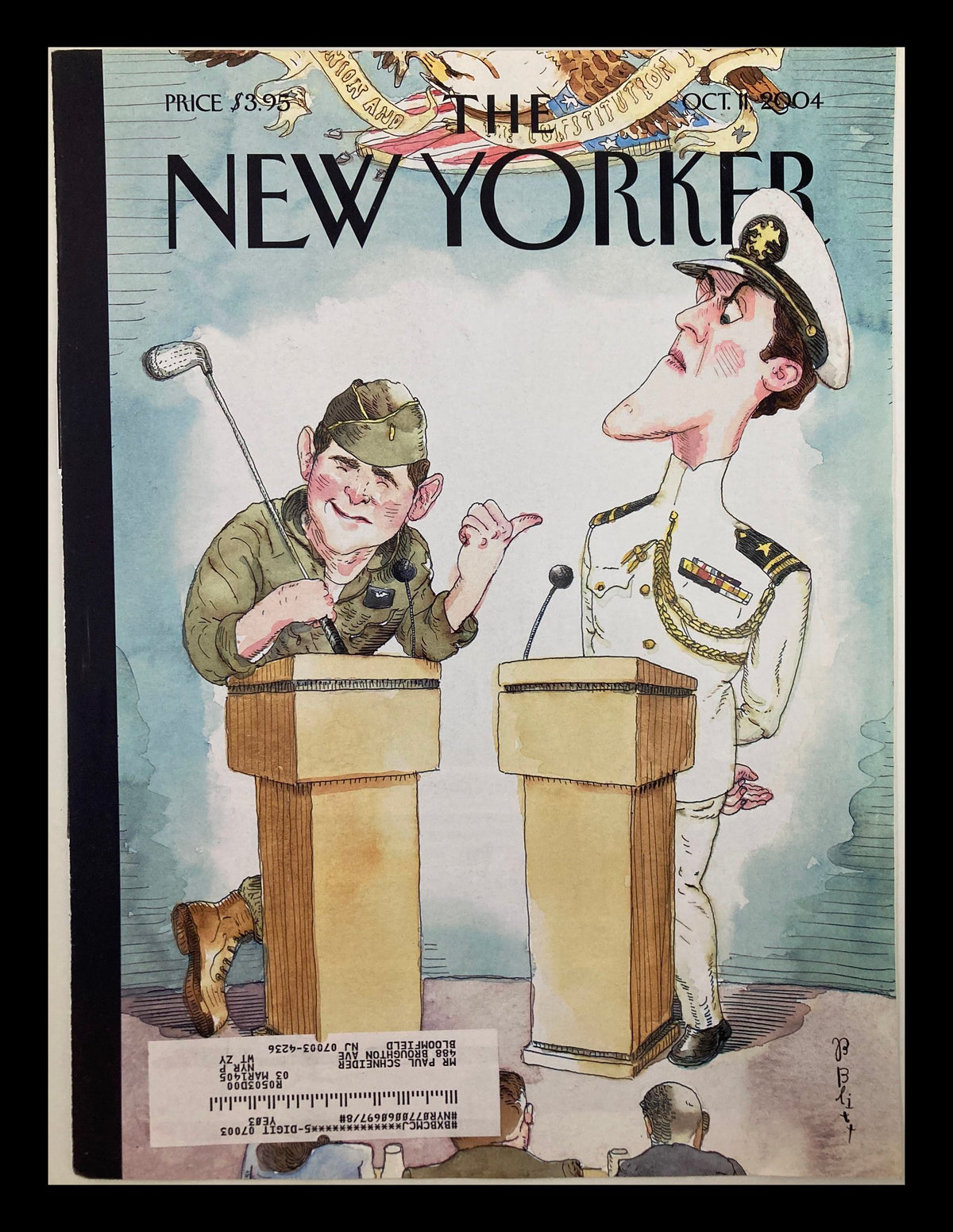 Cover of The New Yorker October 11, 2004, titled 'Stage Beauty' by Barry Blitt, depicting a humorous illustration of two caricatured figures, one in military attire and the other in a naval uniform, standing at podiums.