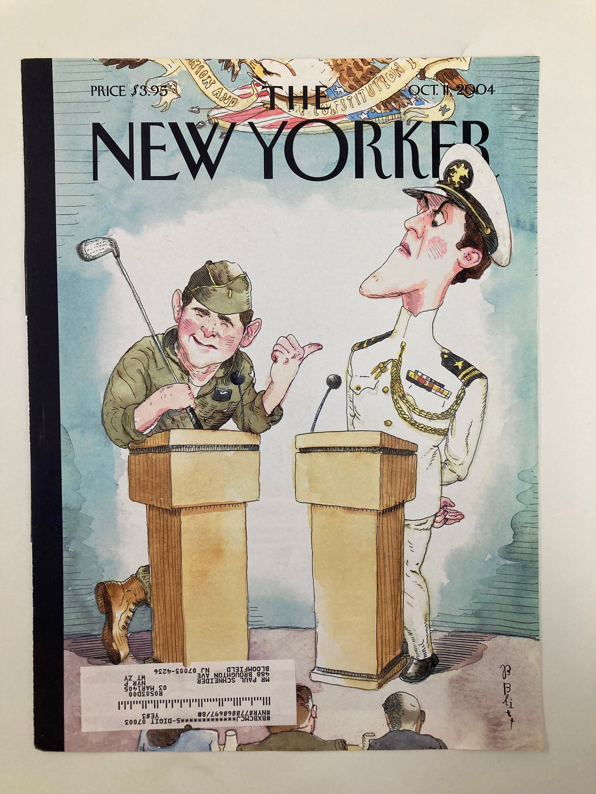 Cover of The New Yorker October 11, 2004, titled 'Stage Beauty' by Barry Blitt, featuring a whimsical cartoon of a military and a naval officer at podiums, showcasing satire and artistic depiction of the theatrical scene.
