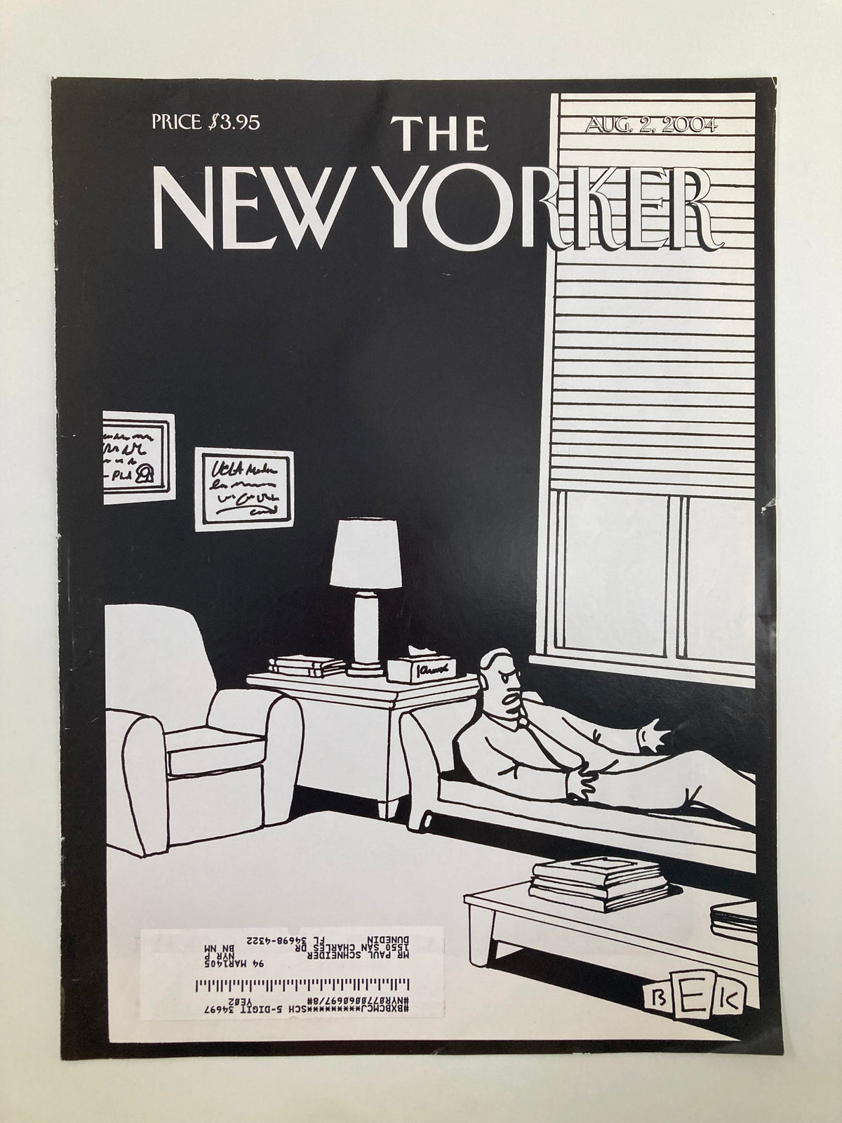 Cover of The New Yorker dated August 2, 2004, featuring an illustration titled 'A Psychologist On Duty' by Bruce E. Kaplan, depicting a man relaxed on a couch in a minimalist room.