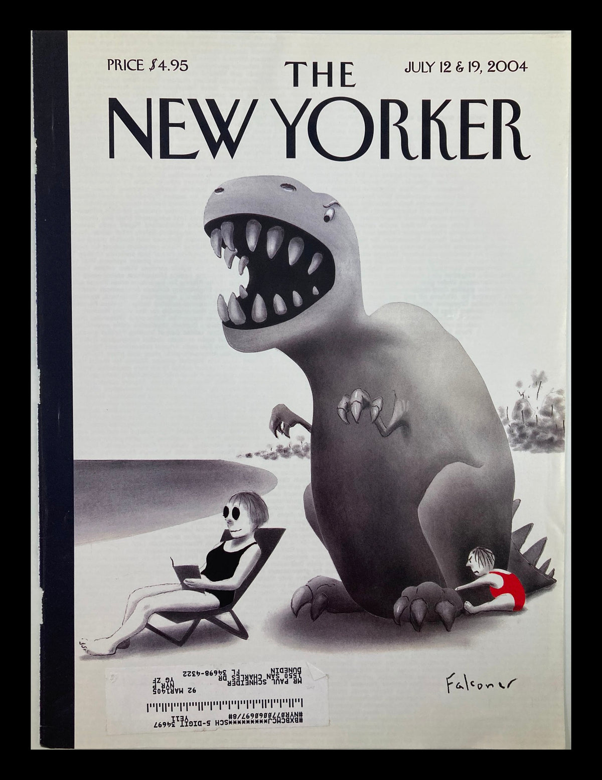 Cover of The New Yorker from July 12, 2004 featuring 'Life's A Beach' by Ian Falconer, showcasing whimsical beach scene with a dinosaur and characters in humorous poses.